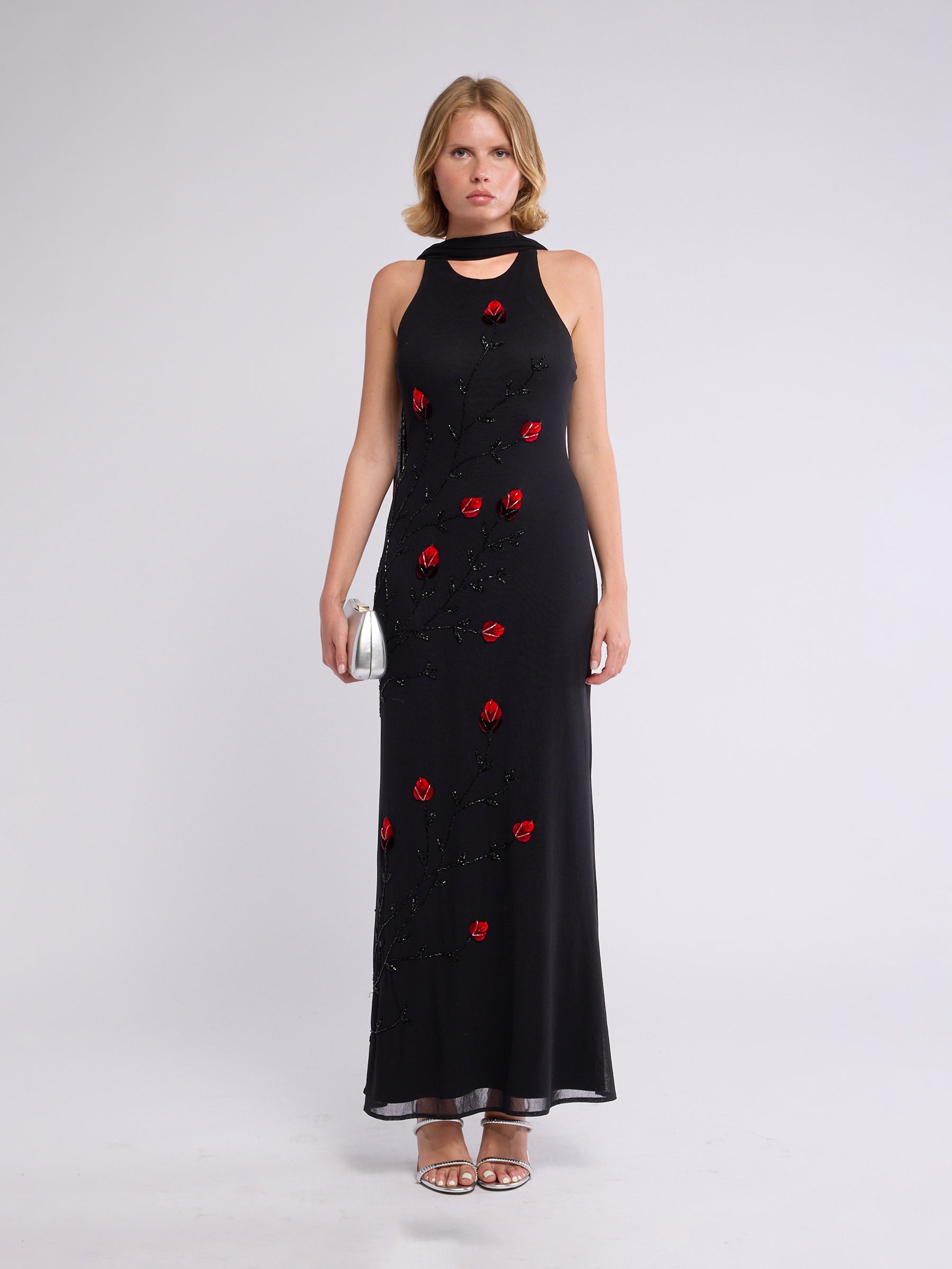 Sue Wong 2000s Black Embroidered Gown with Scarf