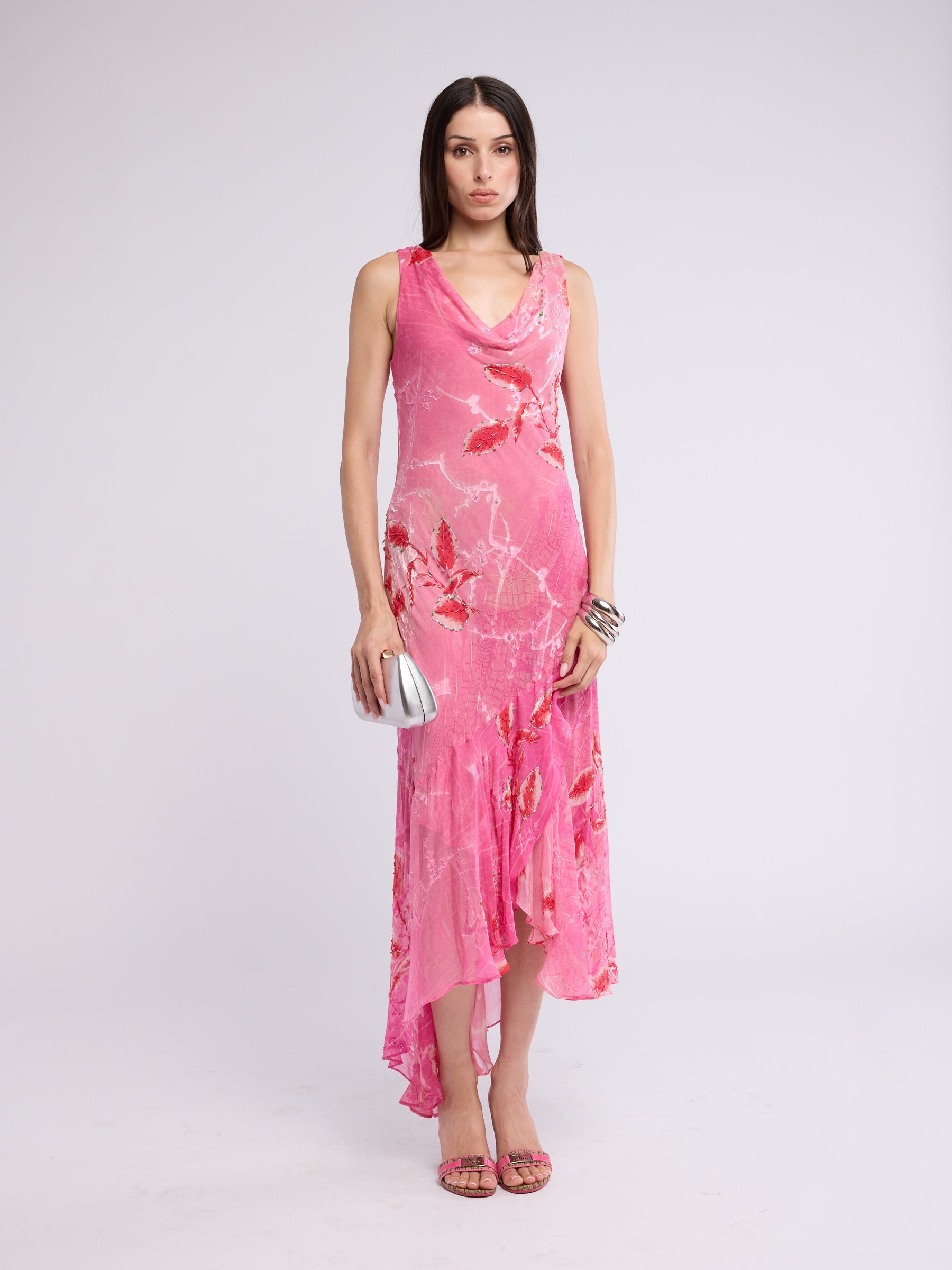 Sue Wong 2000s Pink Cowl Beaded Dress