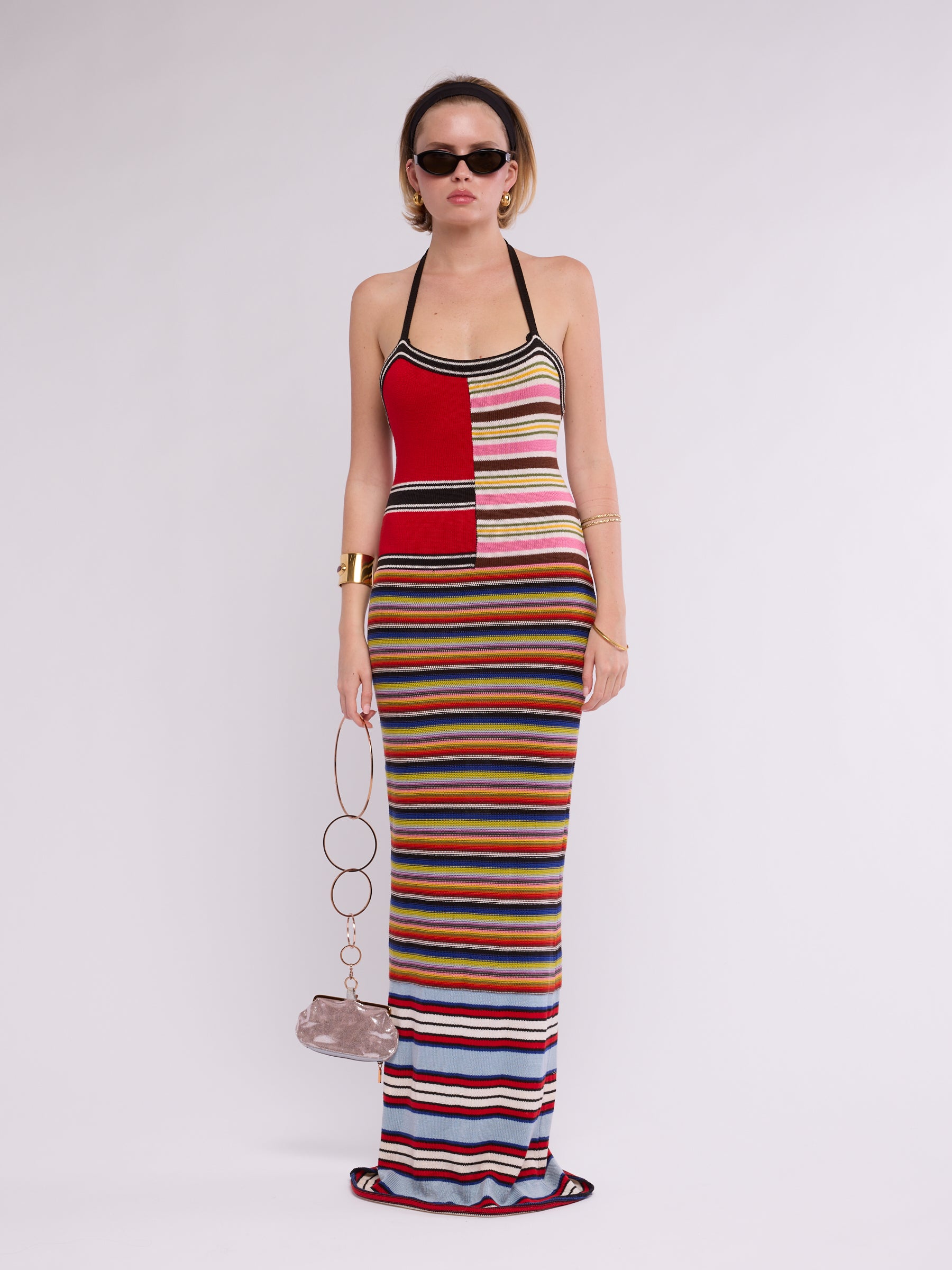 vintage todd oldham dress SS 1996 Runway Knit Striped Gown Oasis Women's Bright Pink SCHL000590_G Color:466 Boundless Blue/CITY KHAKI