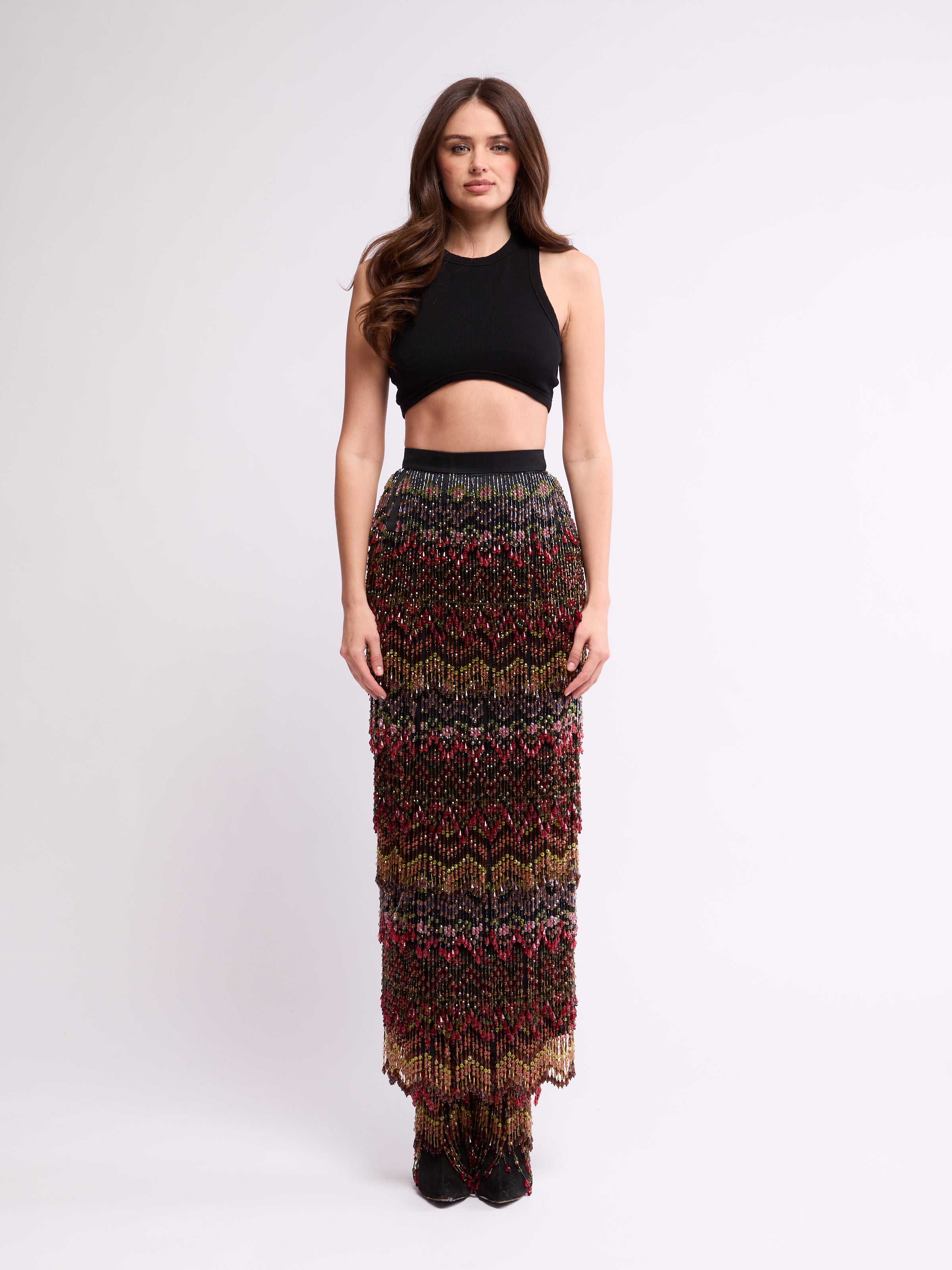 Todd Oldham FW 1997 Runway Beaded Tiered Maxi Skirt