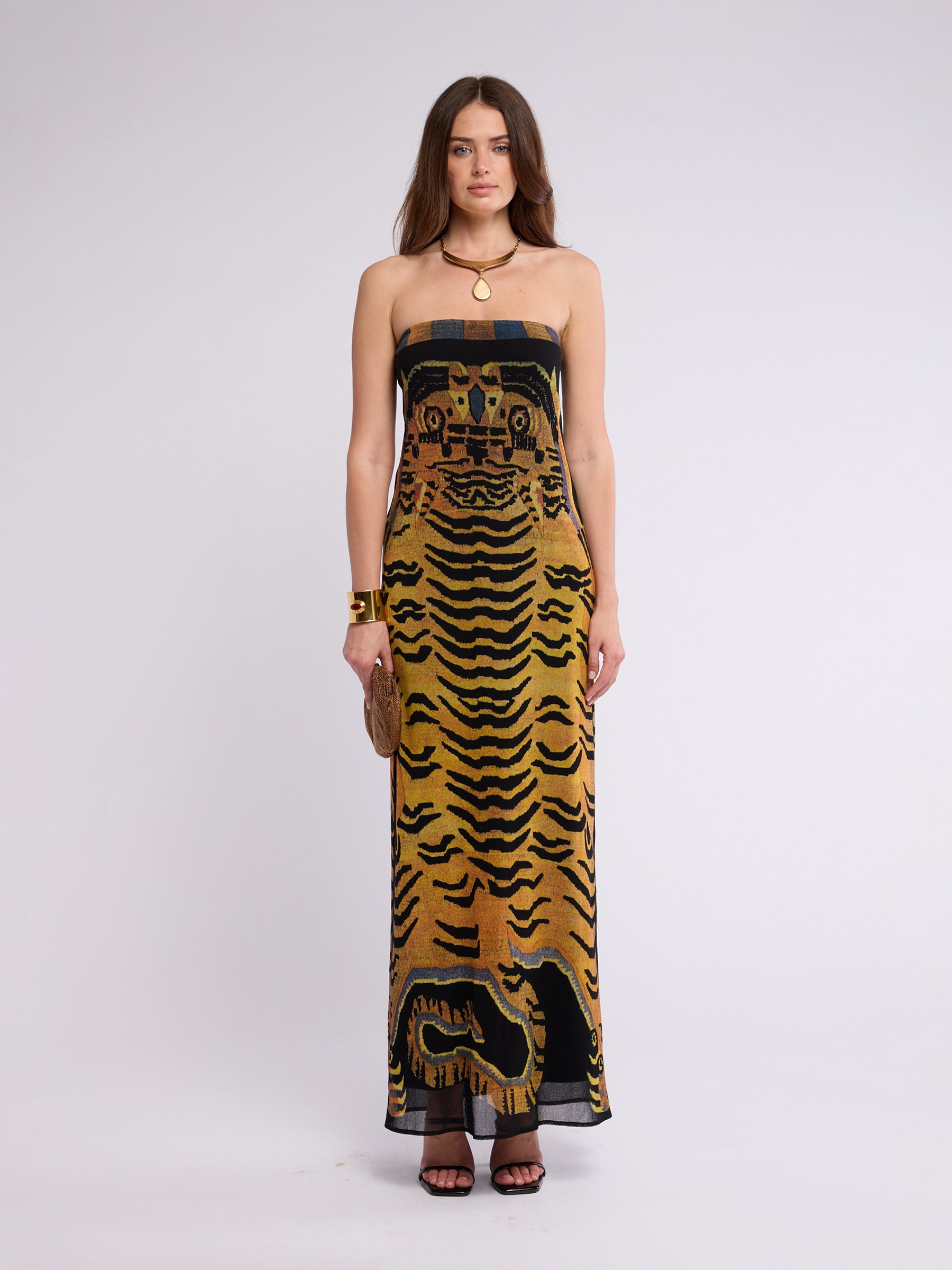 long tiger print dress Vivienne Tam SS 1998 Column high neck lace gown Classic Green One-Shoulder Mermaid perfect for any evening Size (US):9 Mens / 10 Womens