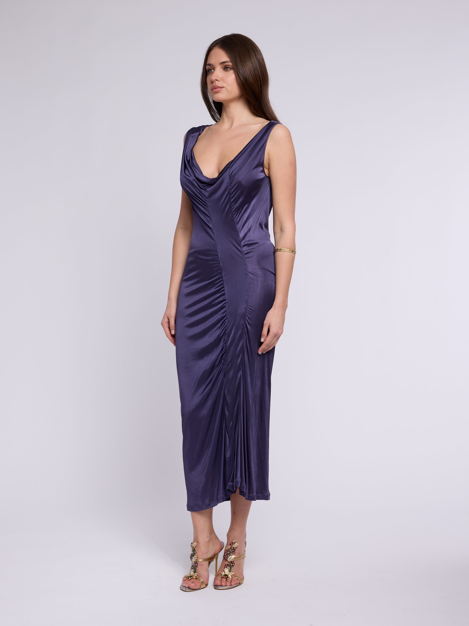 John Galliano 2007 Purple Cowl Neck Dress