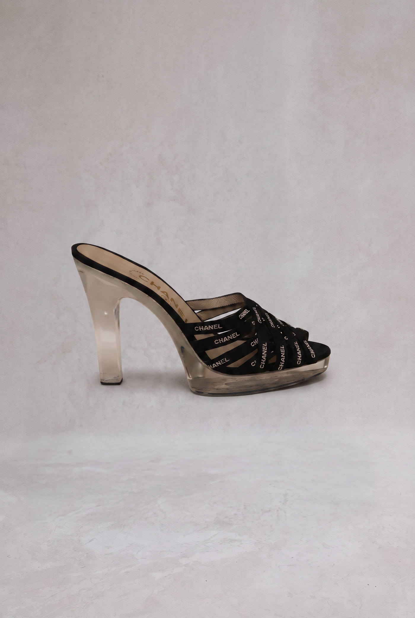 chanel 2000s black bondage heels