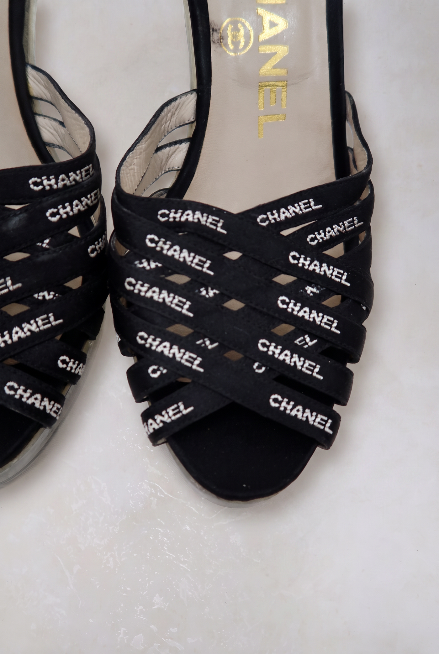 chanel 2000s black bondage heels