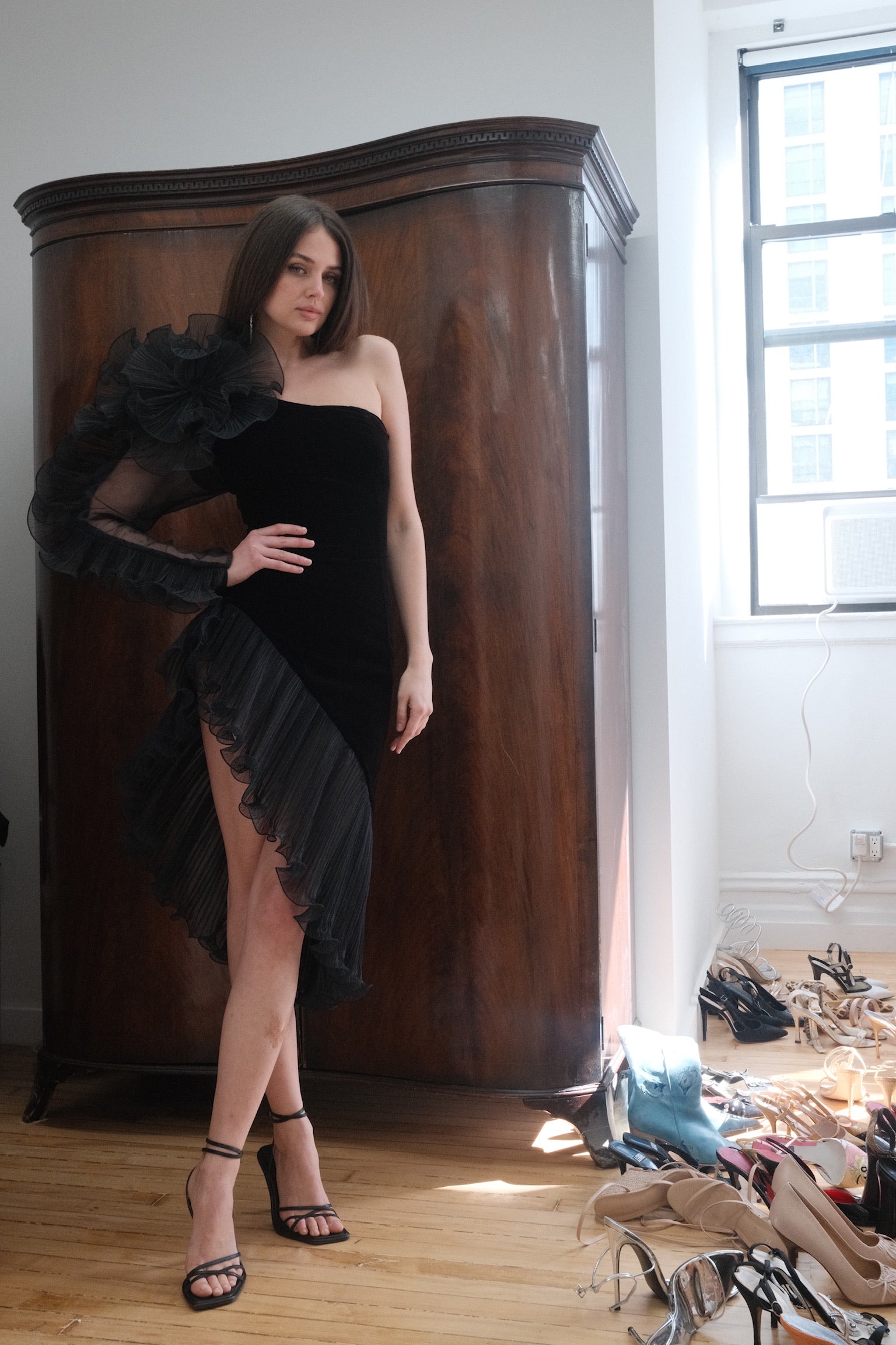 Karen Okada 1980s Velvet Ruffle Dress