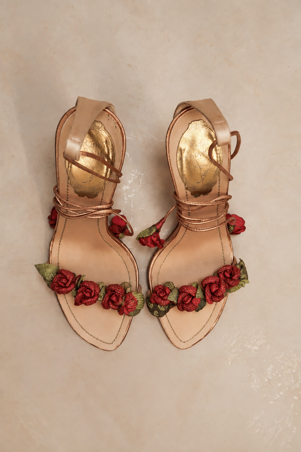 Rene Caovilla 2000s Rose Appliqué Lace Up Heeled Sandals