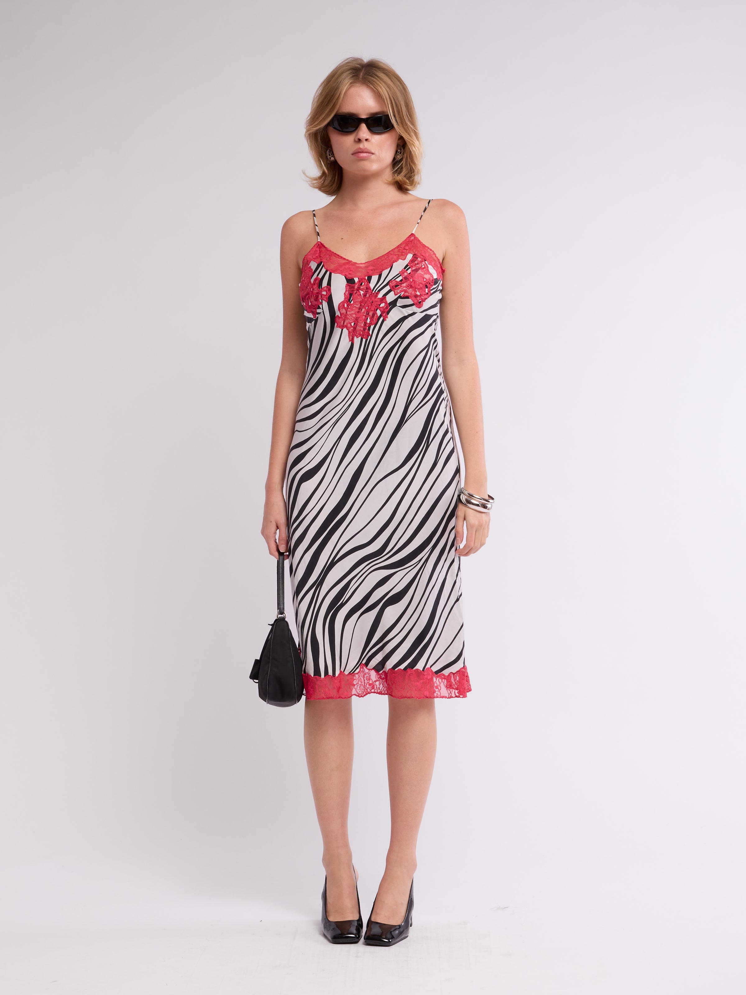 Betsey Johnson 2000s Zebra & Red Lace Slip Dress