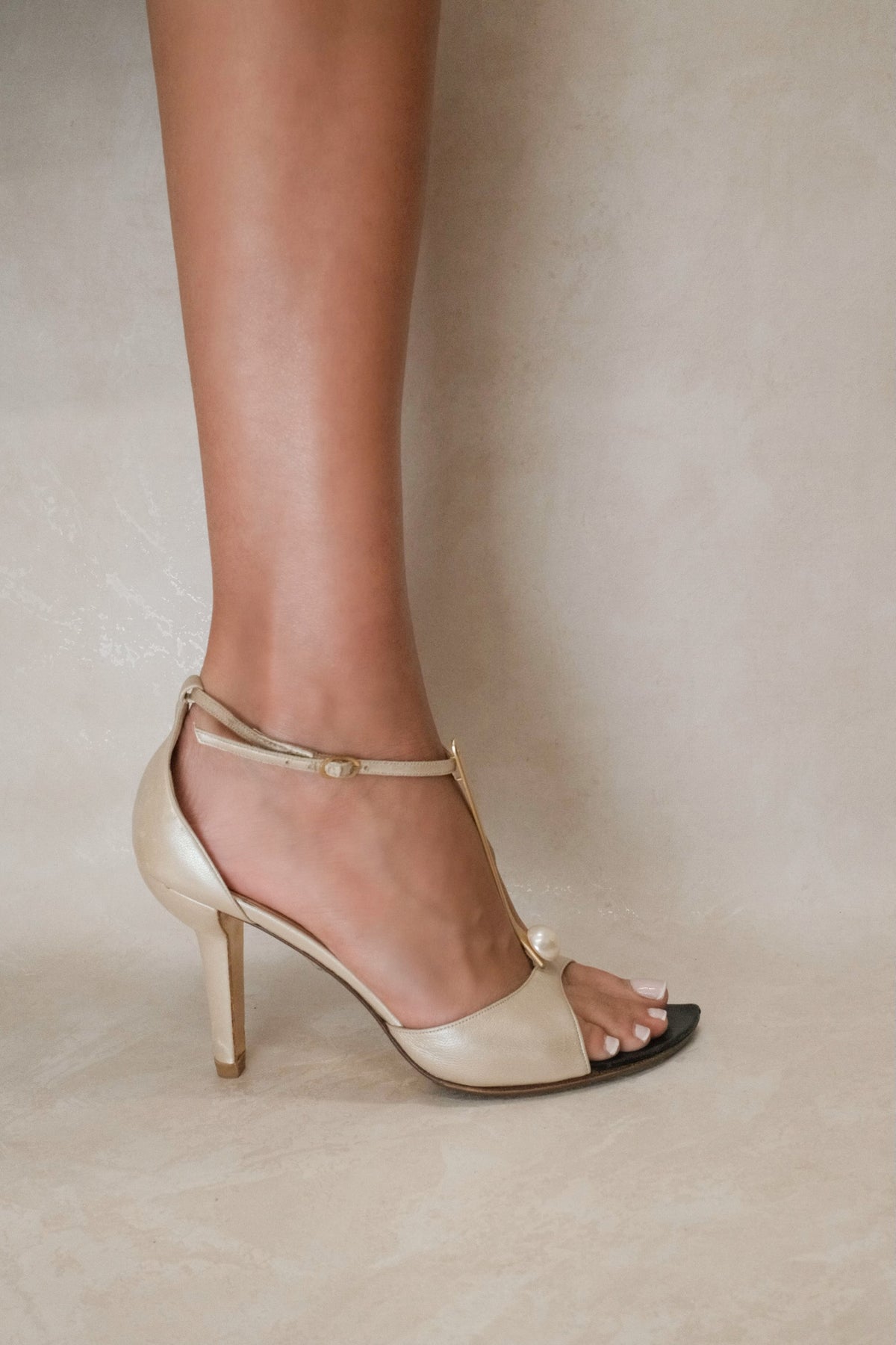 Chanel 2001 Satin Ivory Pearl T-Strap Heels
