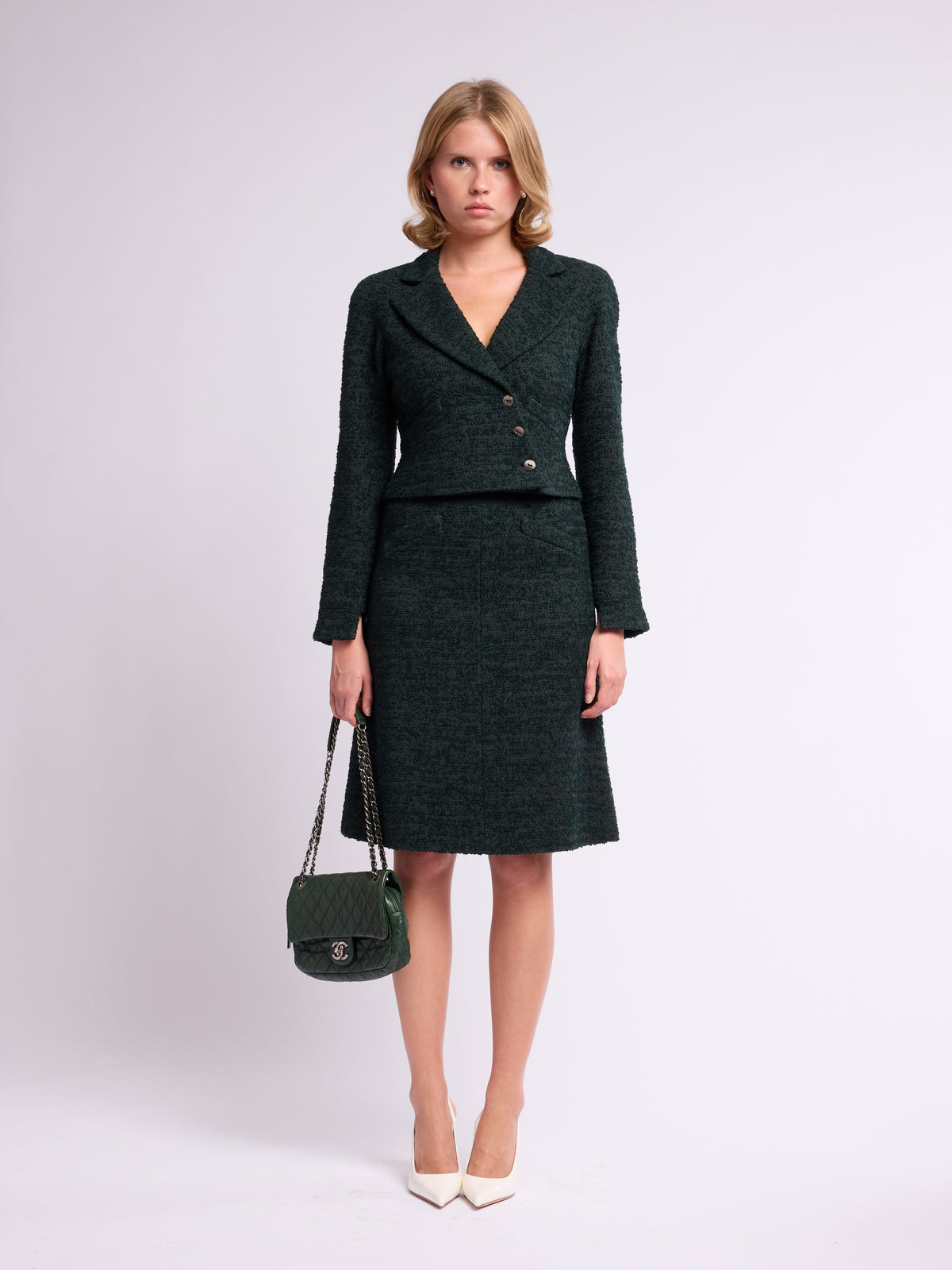 Chanel 1990s Green Wool Skirt Suit