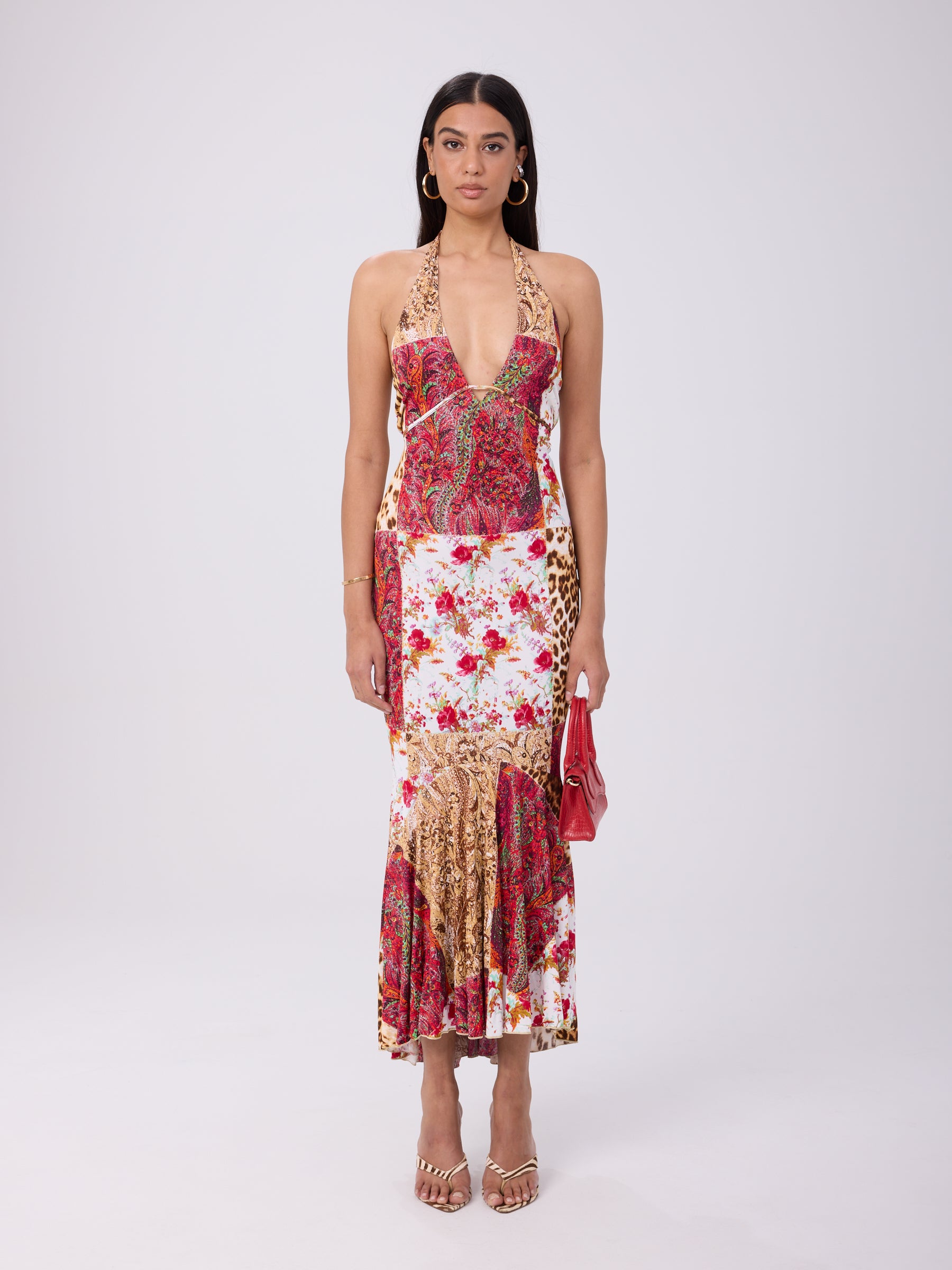 Roberto Cavalli Class 2004 Patchwork Print Halter Maxi Dress