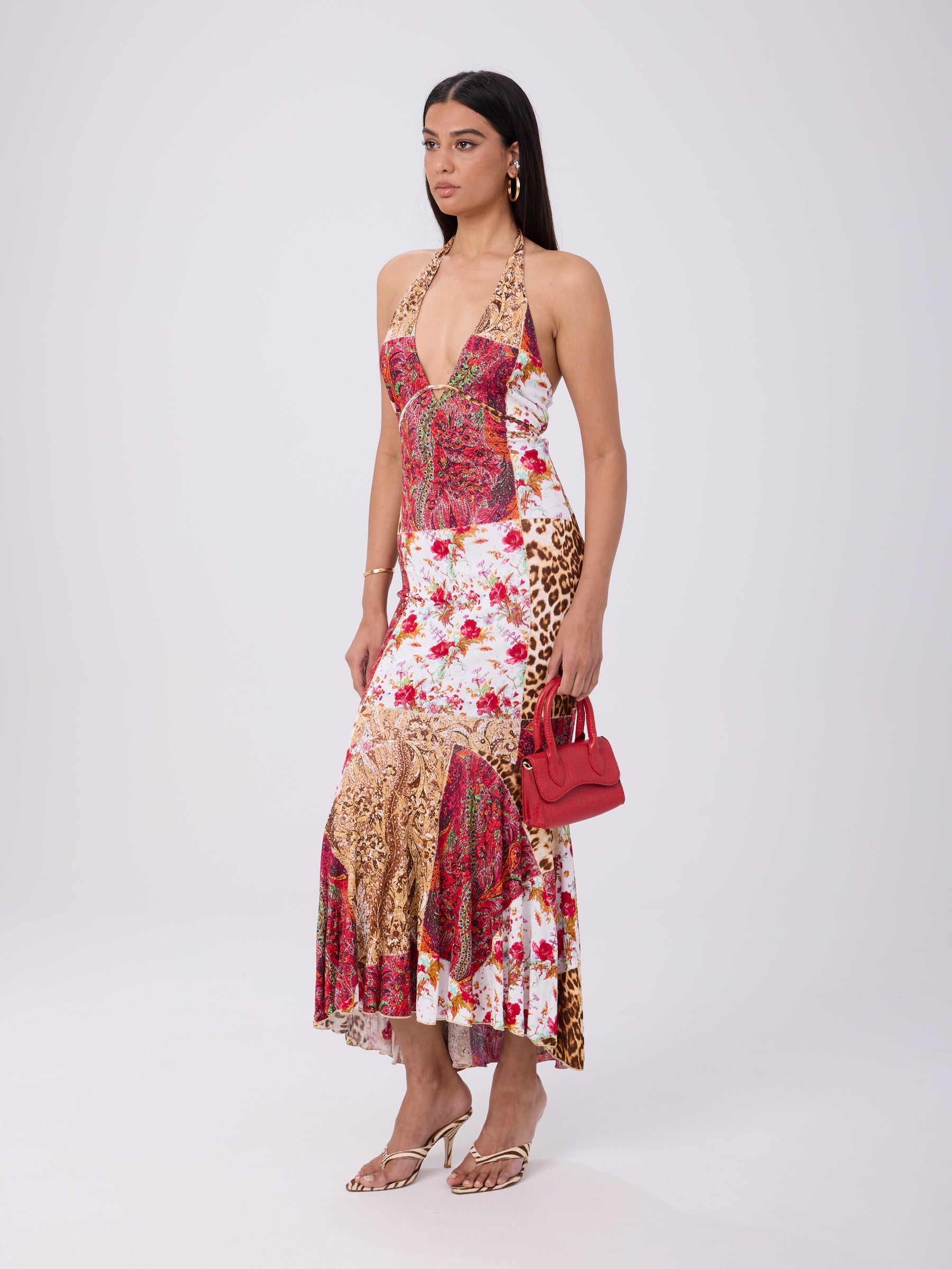 Roberto Cavalli Class 2004 Patchwork Print Halter Maxi Dress