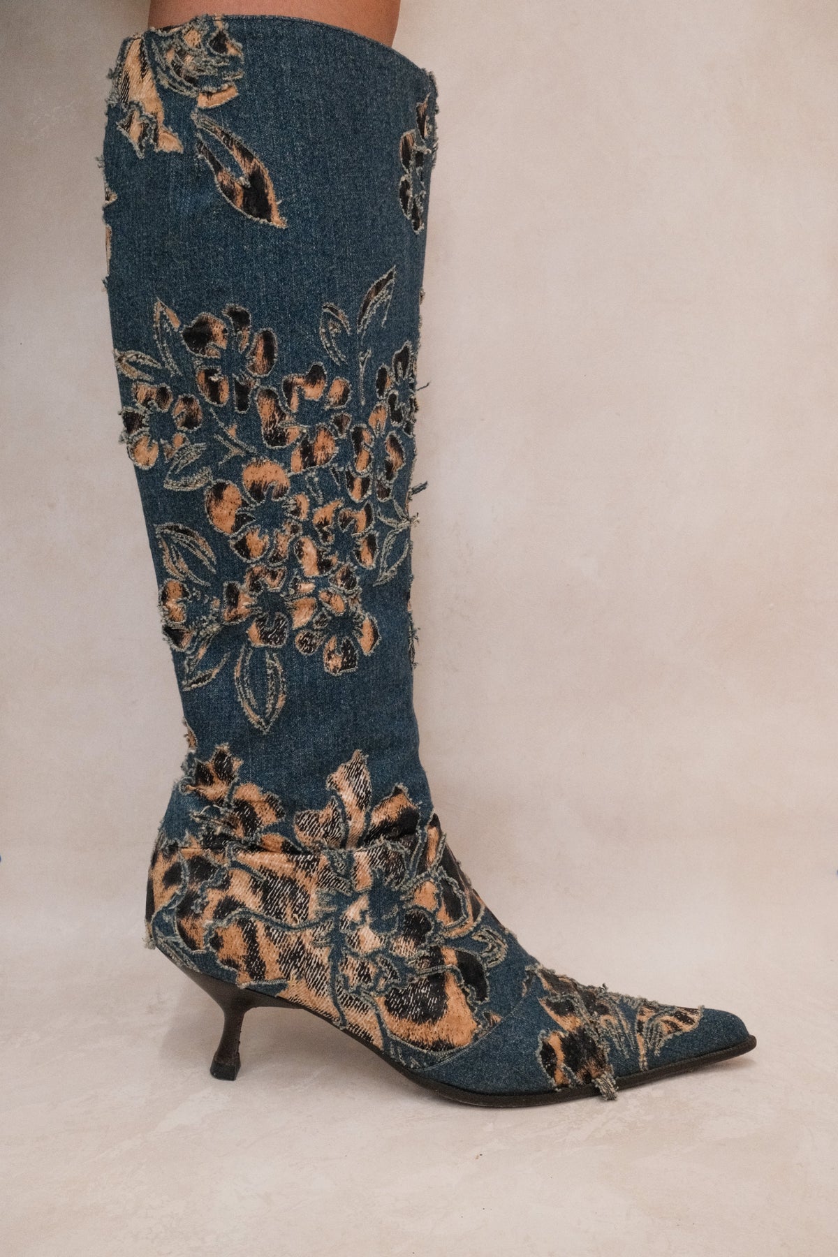 Roberto Cavalli SS 2002 Denim & Leopard Laser Cut Knee High Boots