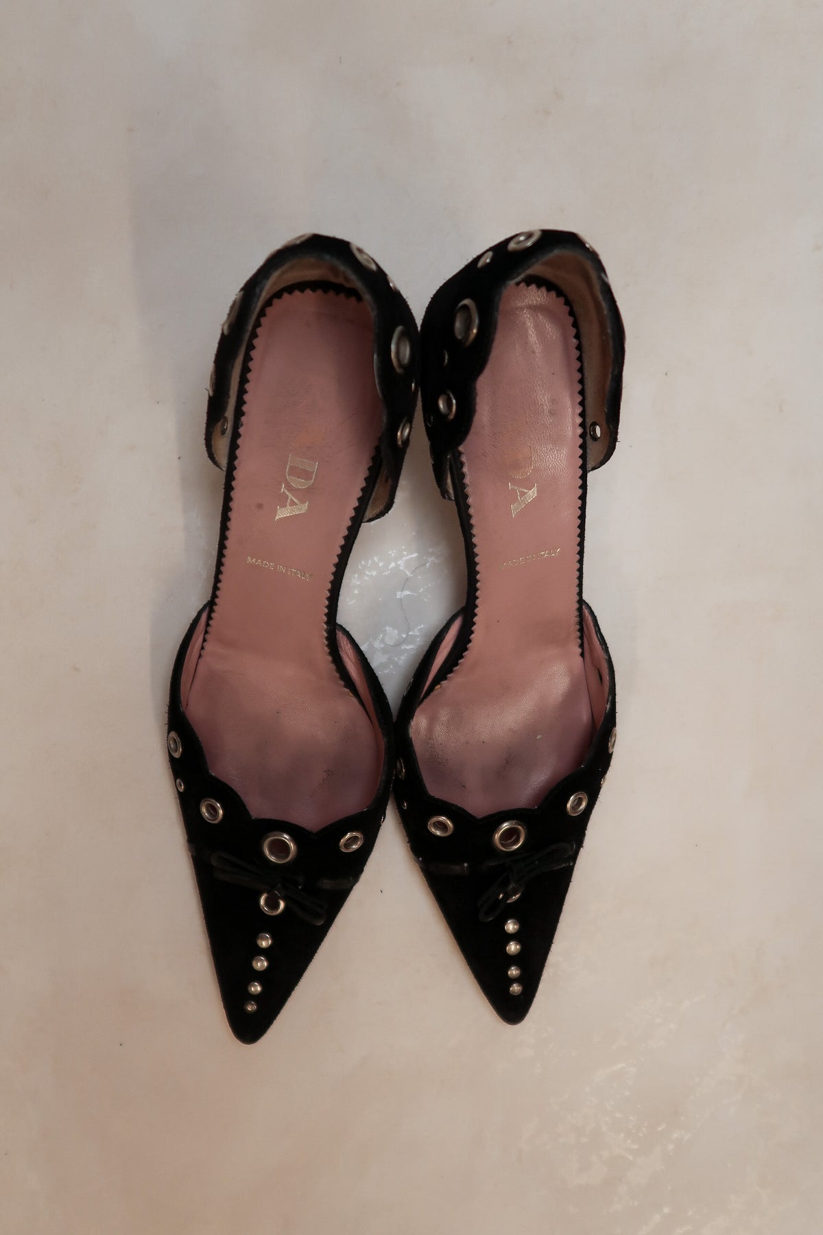 Prada 2000s Black Suede Leather Grommet Heels