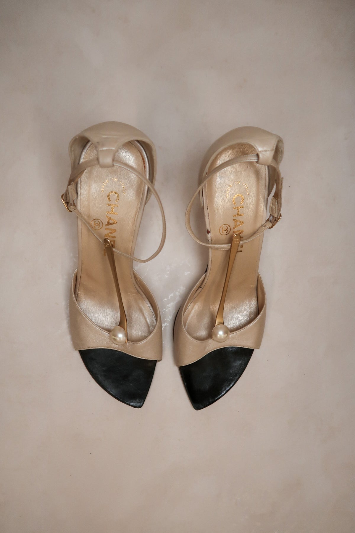 Chanel 2001 Satin Ivory Pearl T-Strap Heels