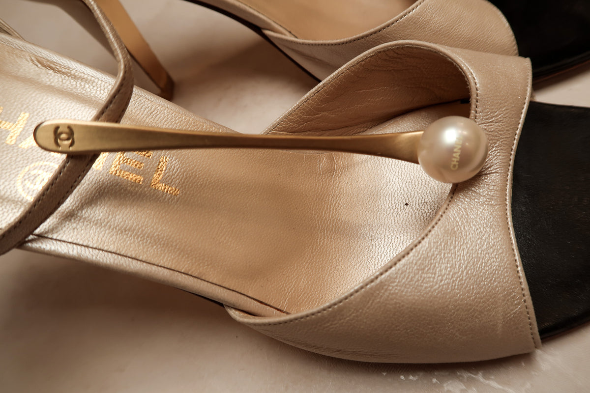 Chanel 2001 Satin Ivory Pearl T-Strap Heels