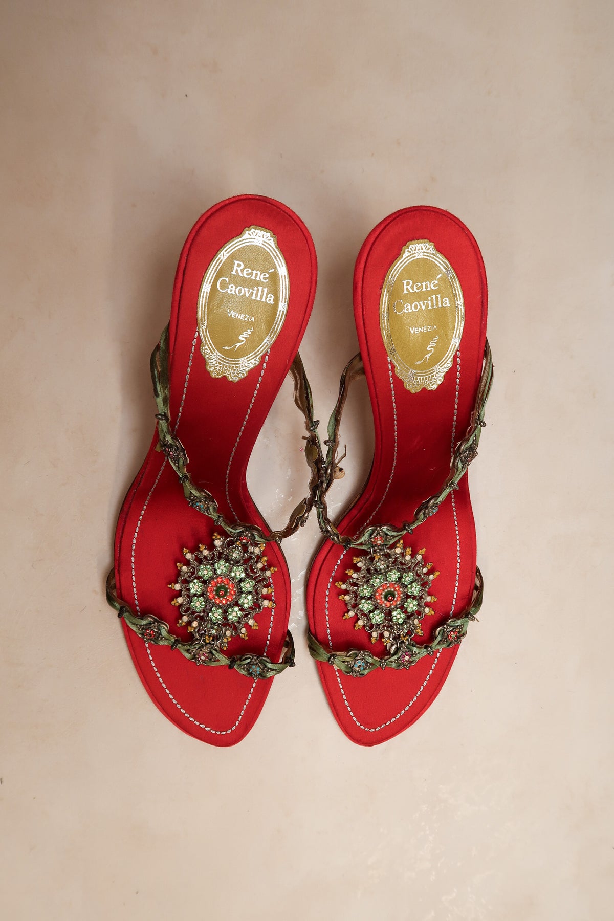René Caovilla 2000s Red Jeweled Sandal Heels