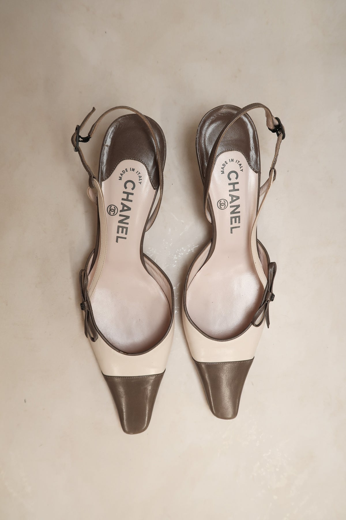 Chanel 2004 Grey & Bone Pink Slingback Pumps