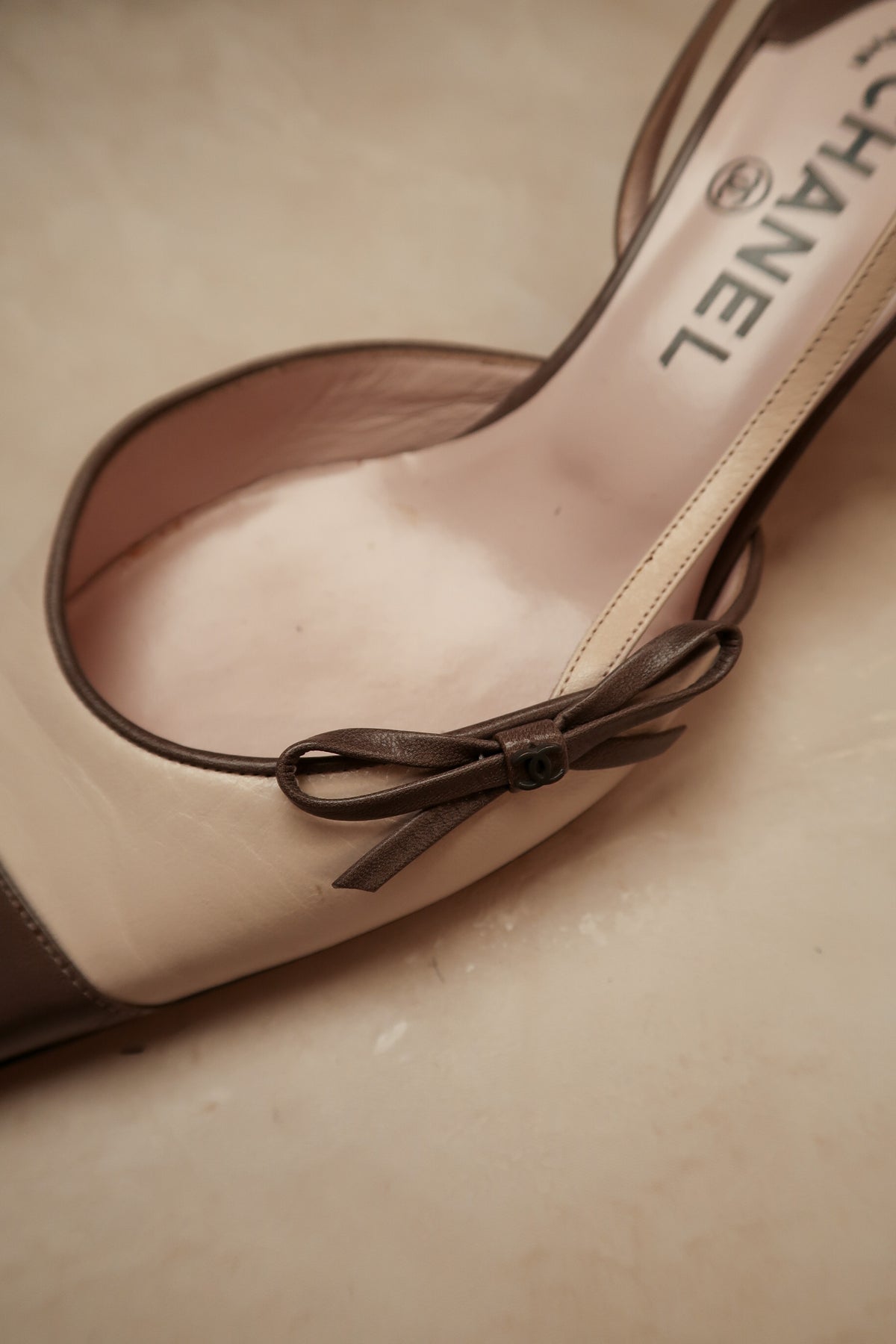 Chanel 2004 Grey & Bone Pink Slingback Pumps