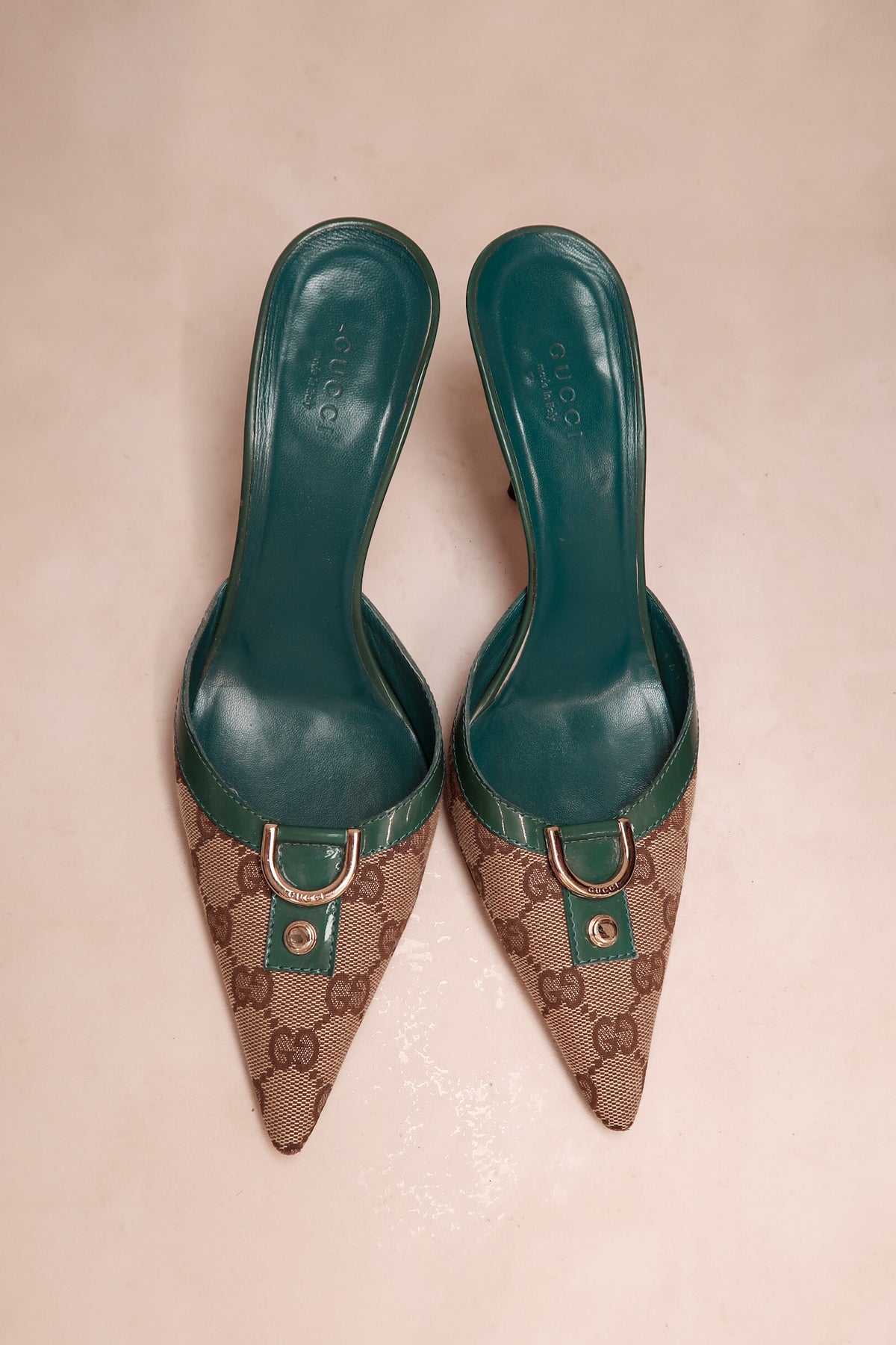 Gucci 2000s Monogram Teal Horsebit Mules