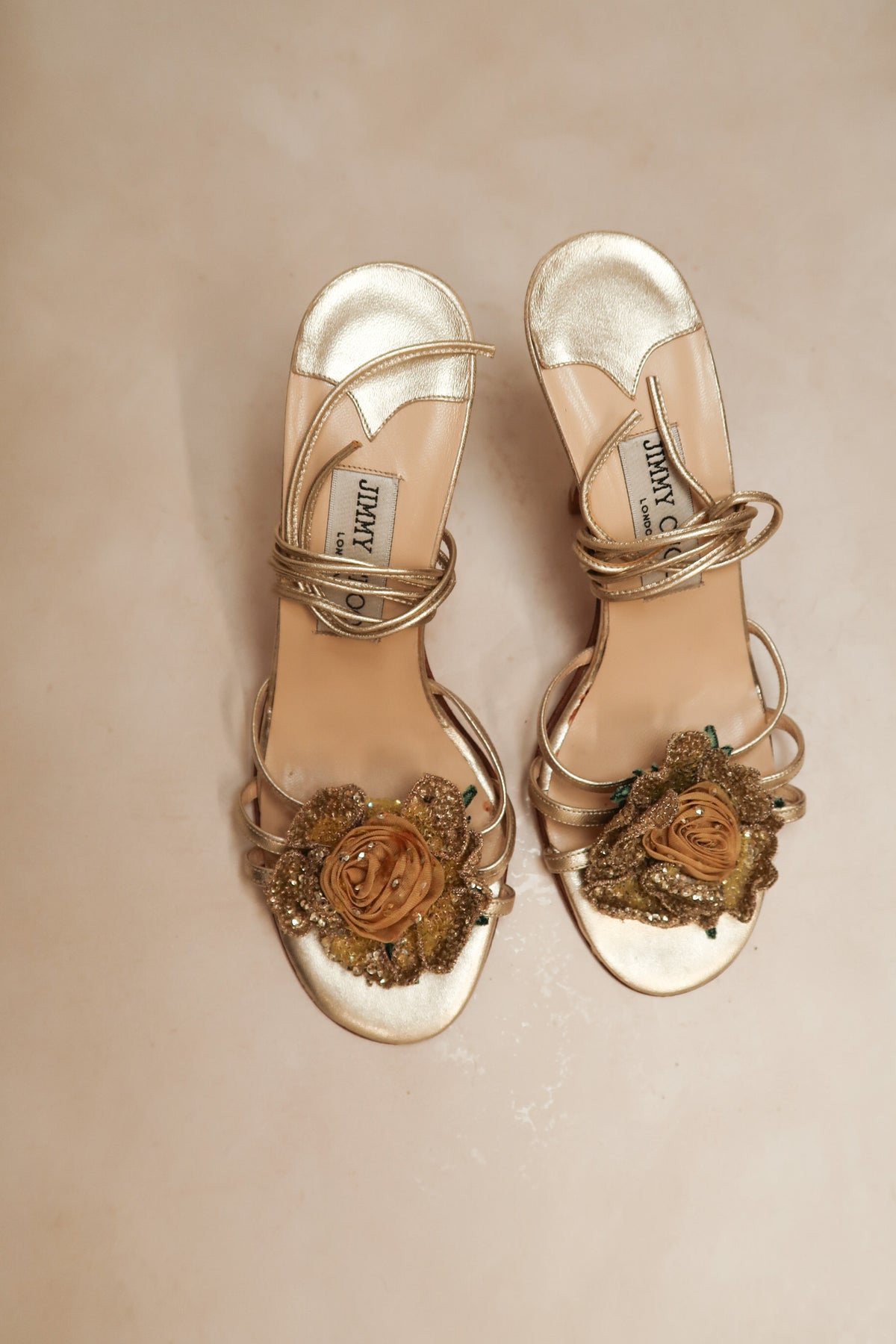 Jimmy Choo 2002 Golden Metallic Wrap-Around Sandals