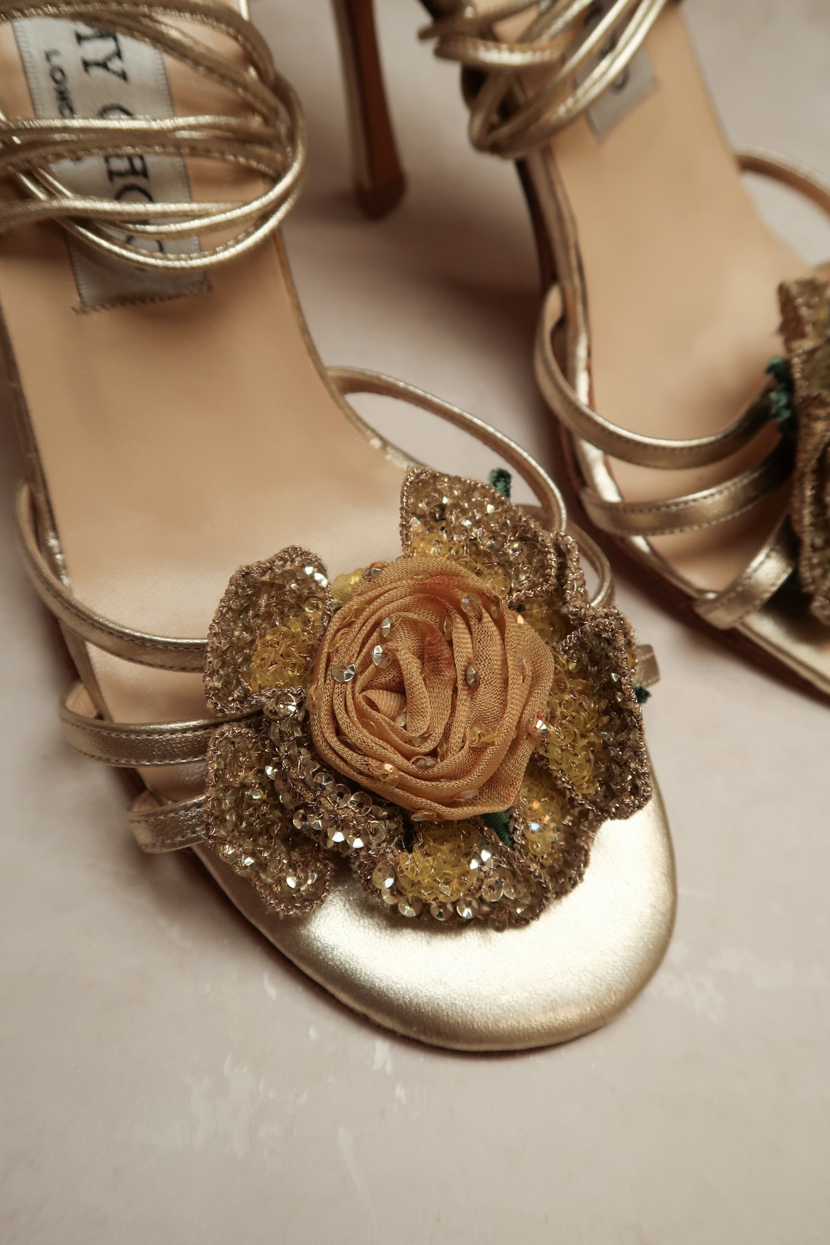 Jimmy Choo 2002 Golden Metallic Wrap-Around Sandals