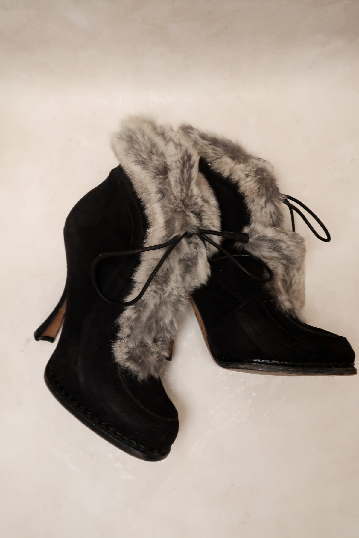 Christian Dior 2000s Black Fur Suede Ankle Boots