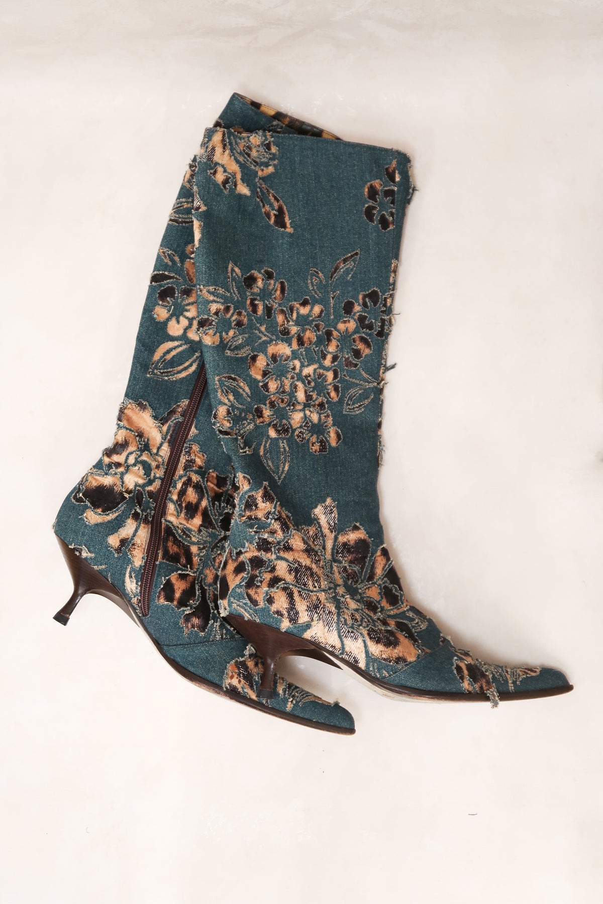 Roberto Cavalli SS 2002 Denim & Leopard Laser Cut Knee High Boots