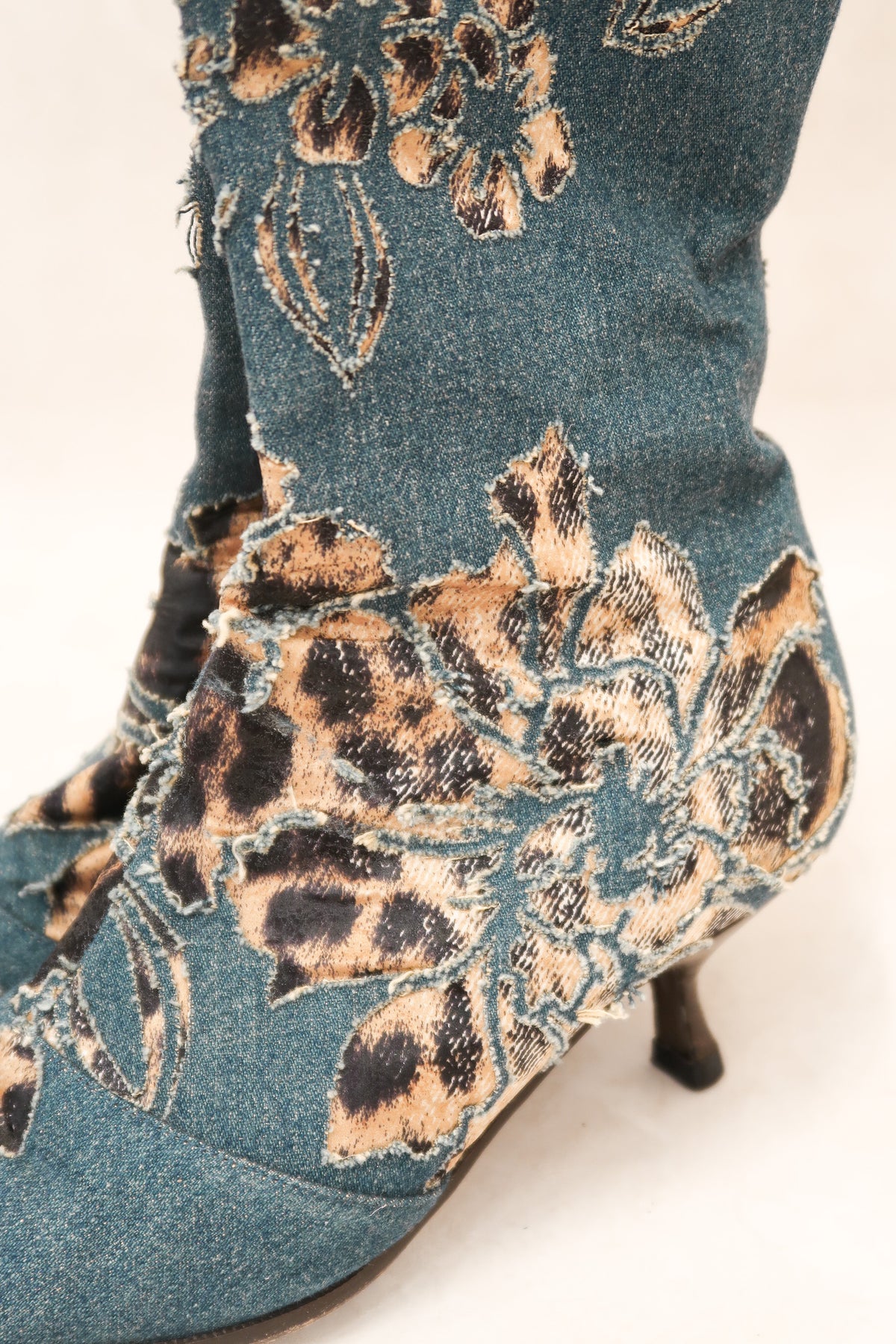 Roberto Cavalli SS 2002 Denim & Leopard Laser Cut Knee High Boots