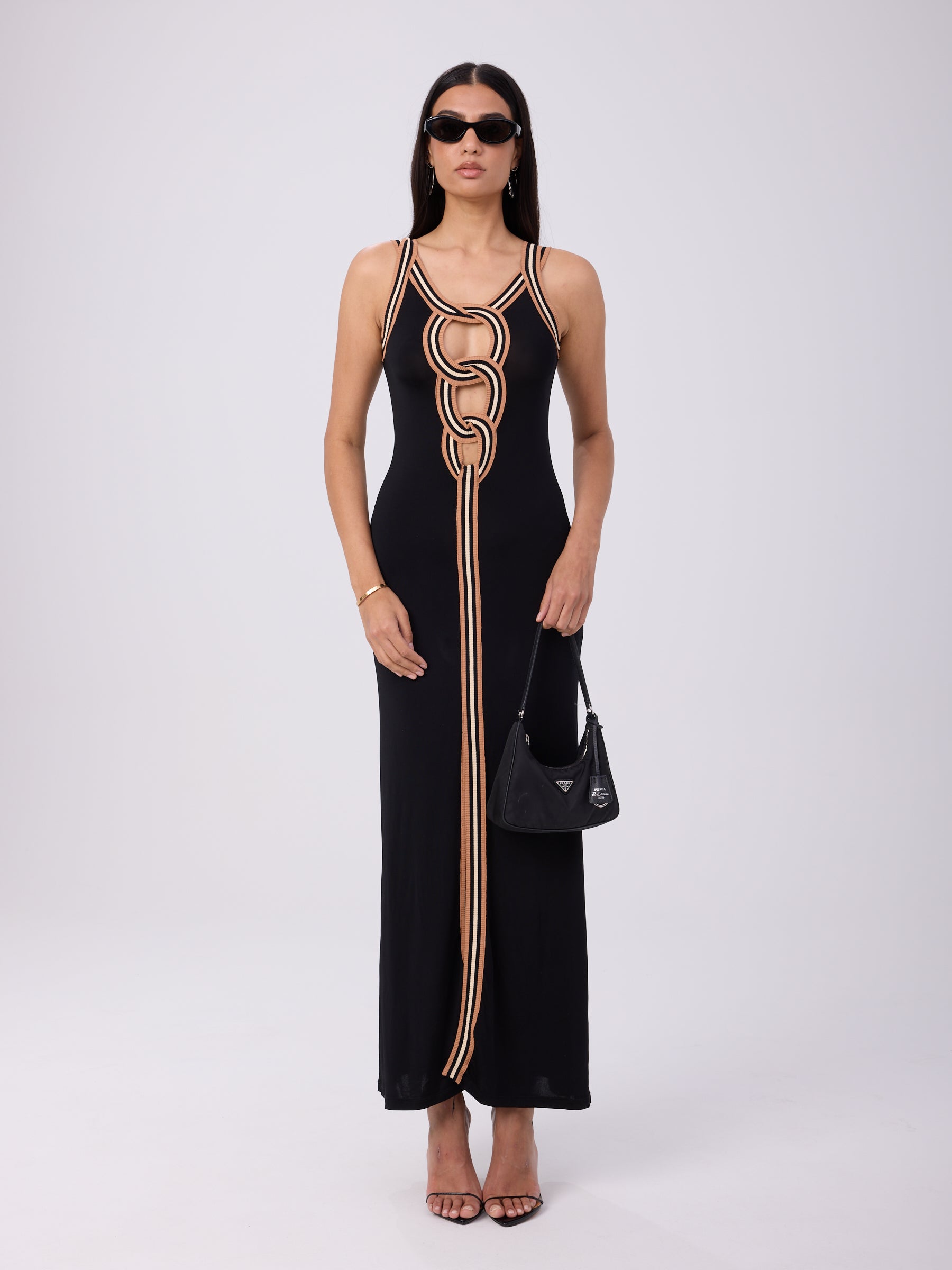 jean paul gaultier cut out dress Jean Paul Gaultier Soleil c.1996 Op Art Circle Dots Print Cutout Back Maxi Dress
