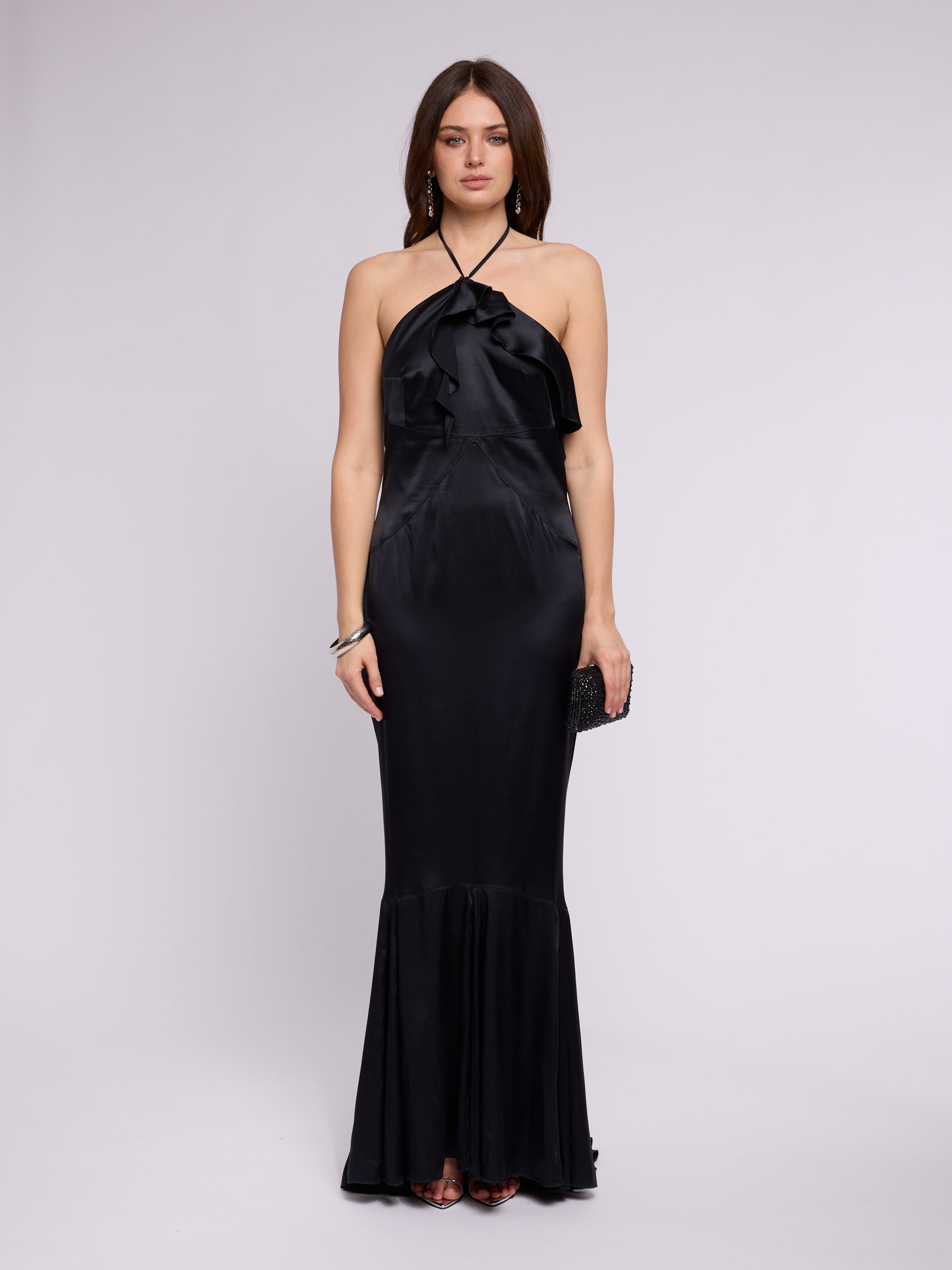 Just Cavalli 2000s Black Ruffle Halter Neck Gown
