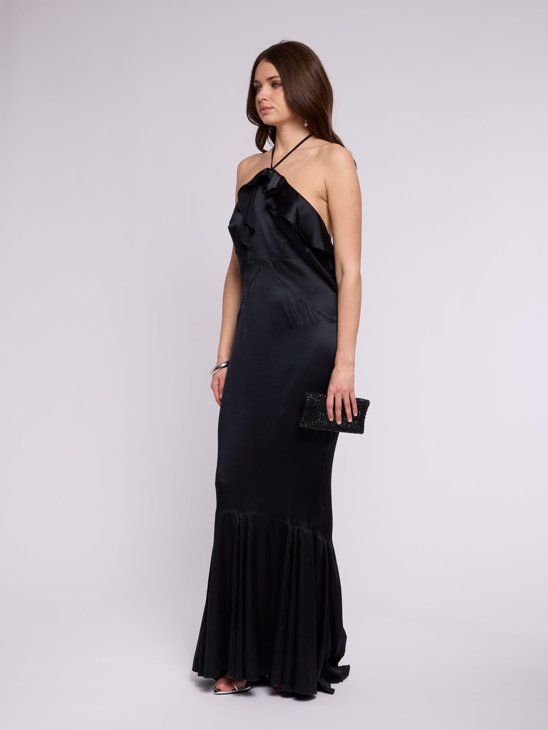 Just Cavalli 2000s Black Ruffle Halter Neck Gown