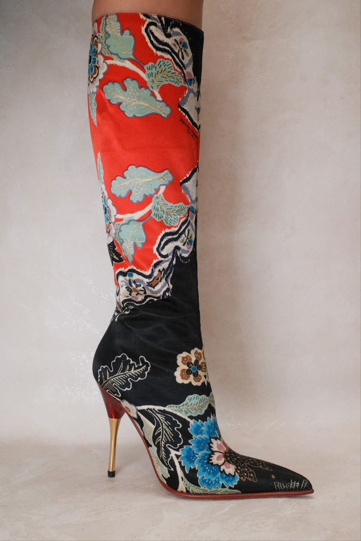 Roberto Cavalli SS 2003 Chinoiserie Red Satin Boots