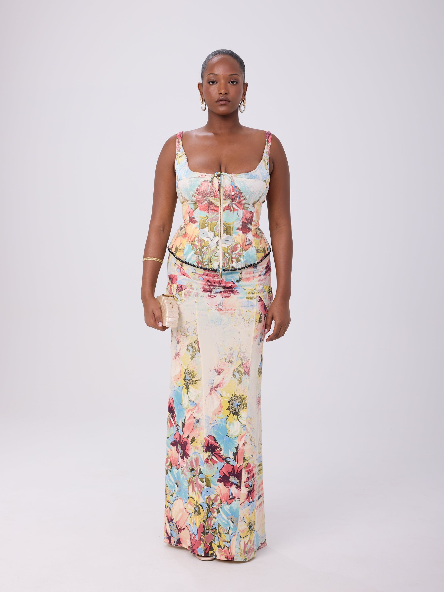 Roberto Cavalli SS 2003 Watercolor Silk Corset/Skirt Set