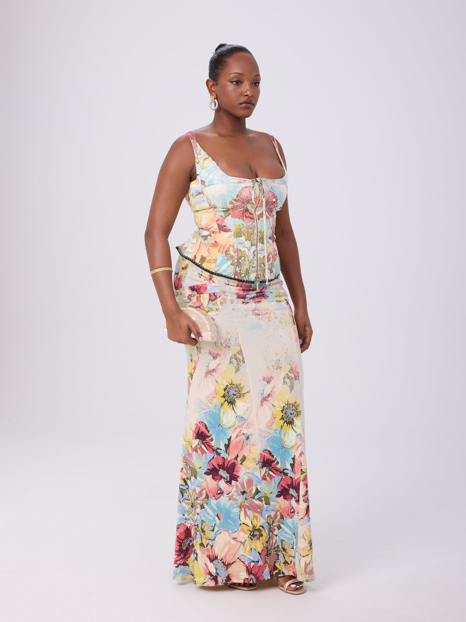 Roberto Cavalli SS 2003 Watercolor Silk Corset/Skirt Set