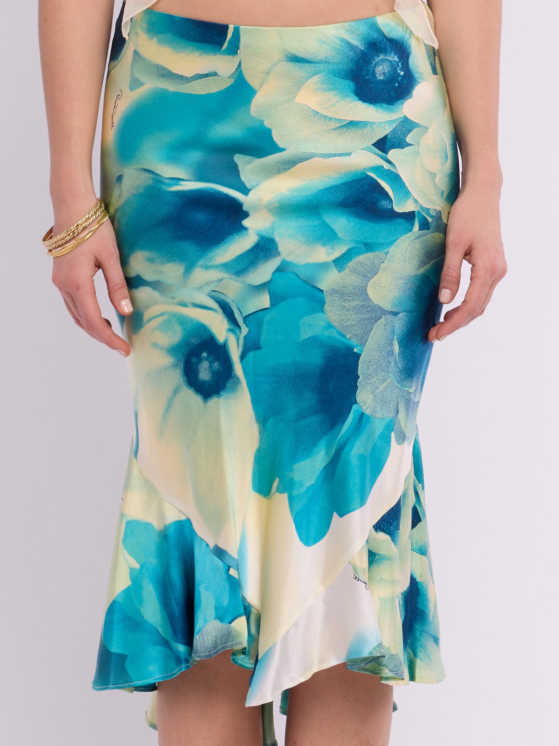 Roberto Cavalli SS 2003 Blue Floral Midi Skirt
