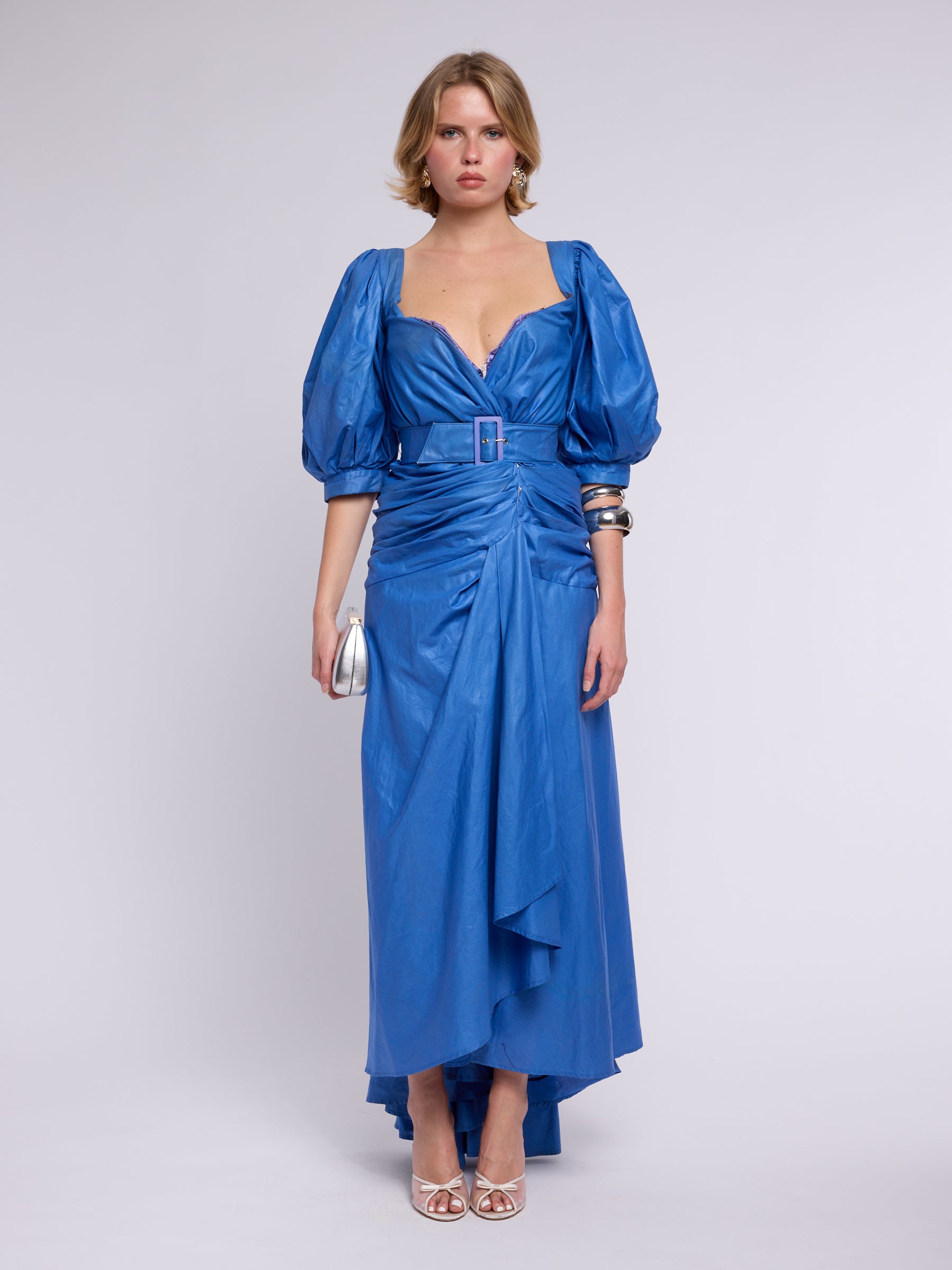 Thierry Mugler 1980s Blue Puff Sleeve Gown