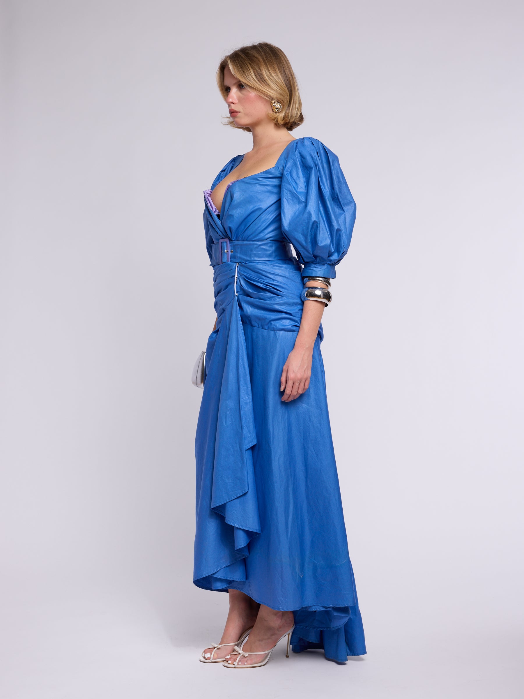 Thierry Mugler 1980s Blue Puff Sleeve Gown