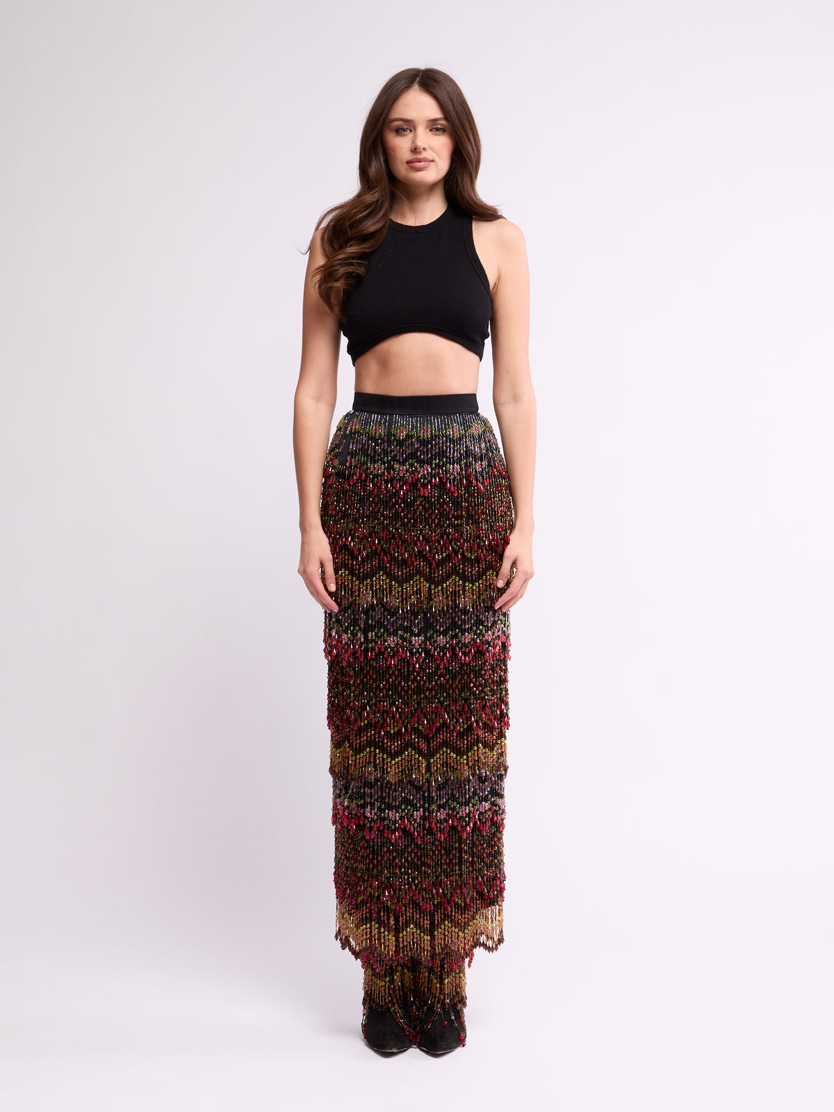 Todd Oldham FW 1997 Runway Beaded Tiered Maxi Skirt