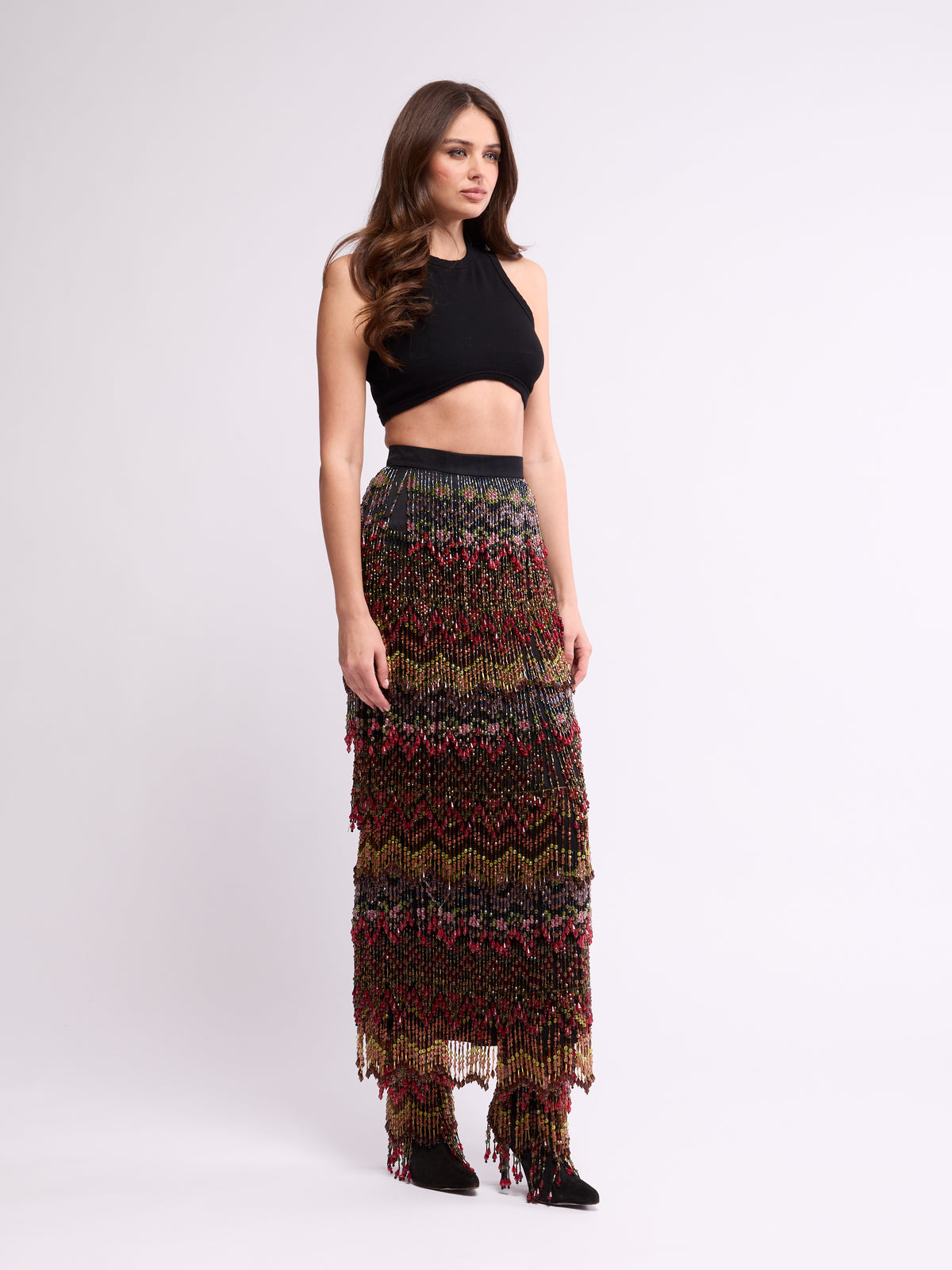 Todd Oldham FW 1997 Runway Beaded Tiered Maxi Skirt