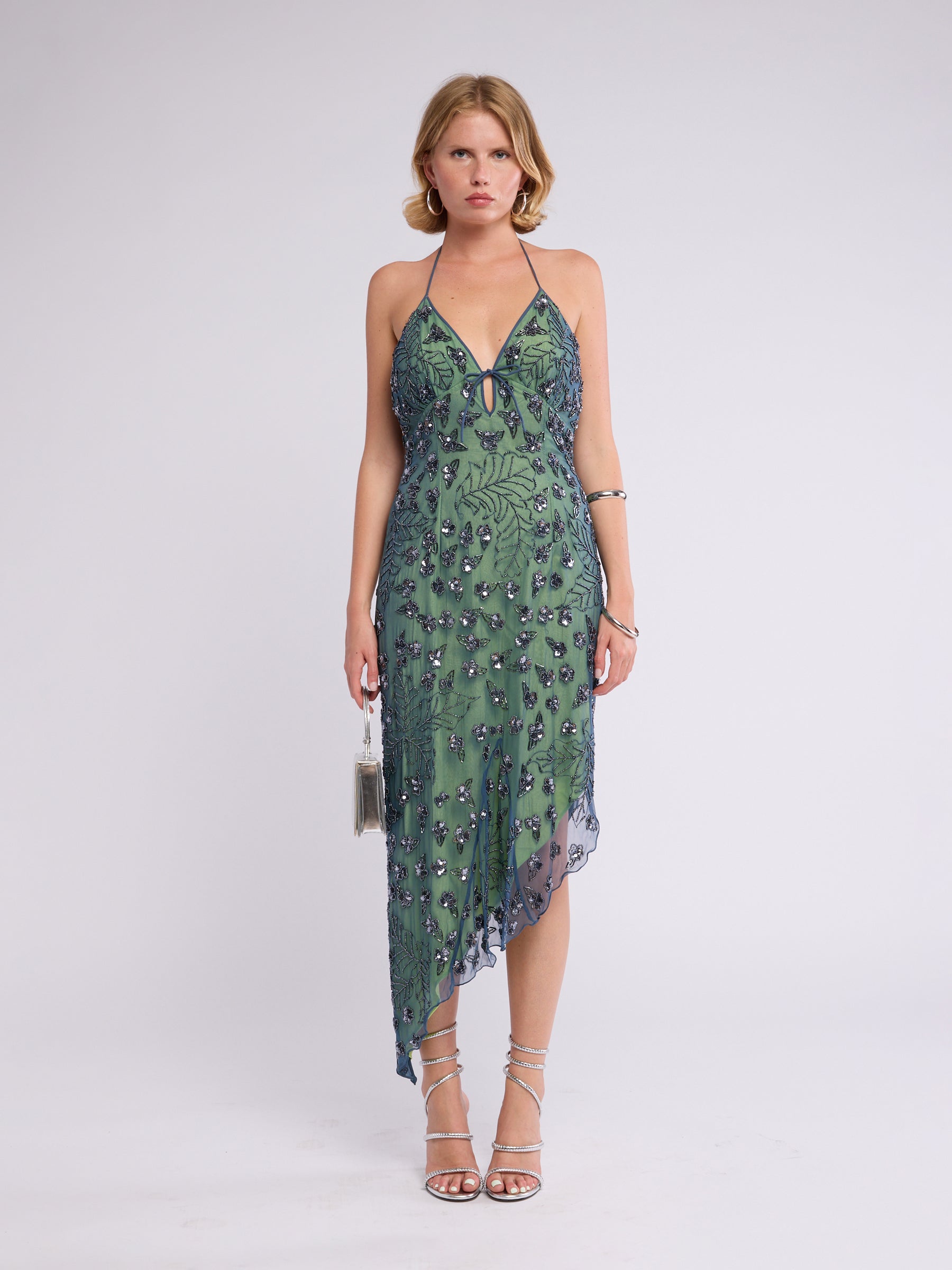 Unsigned 2000s Asymmetric Beaded Halter Dress