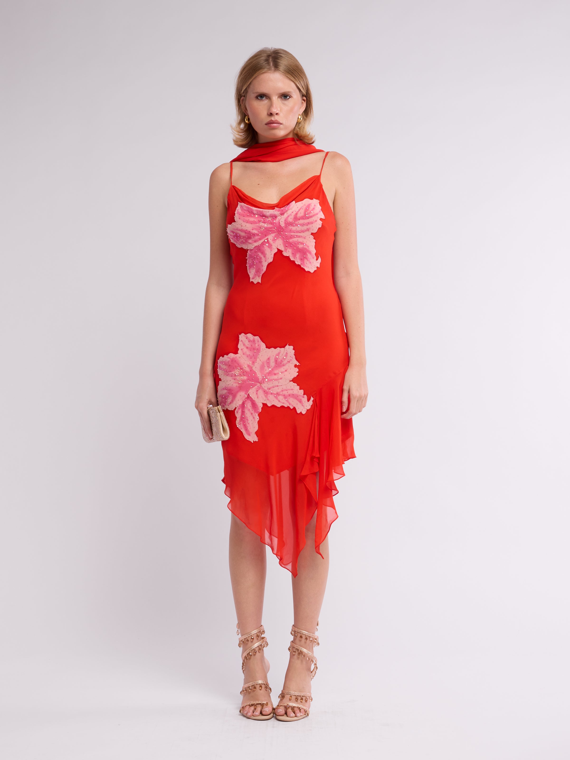 Unsigned 2000s Orange Floral Dress with Scarf