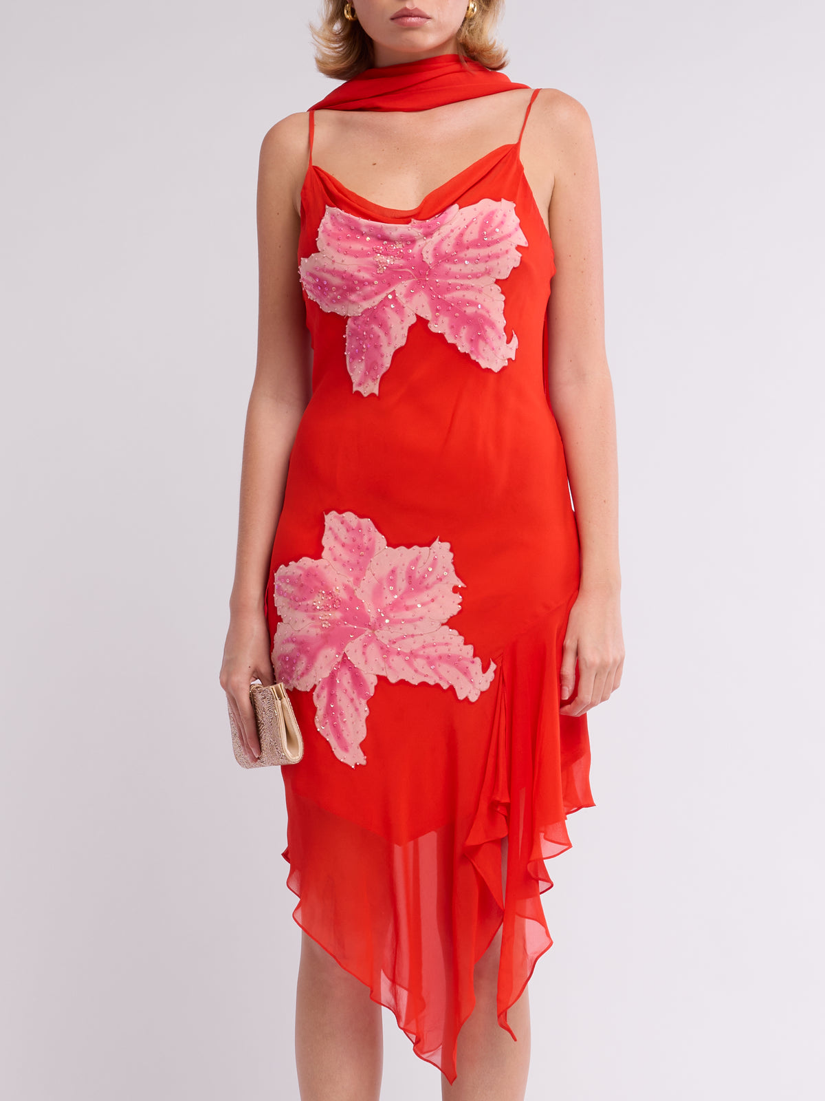 Unsigned 2000s Orange Floral Dress with Scarf