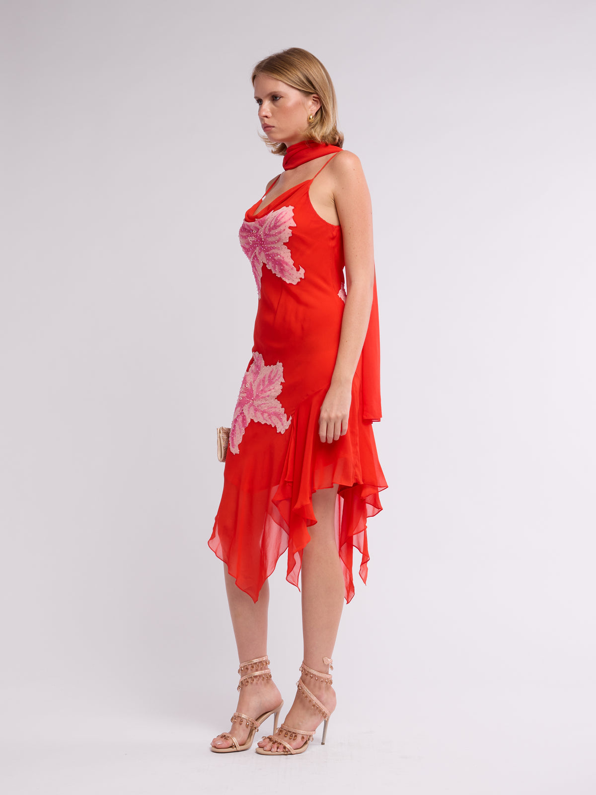 Unsigned 2000s Orange Floral Dress with Scarf