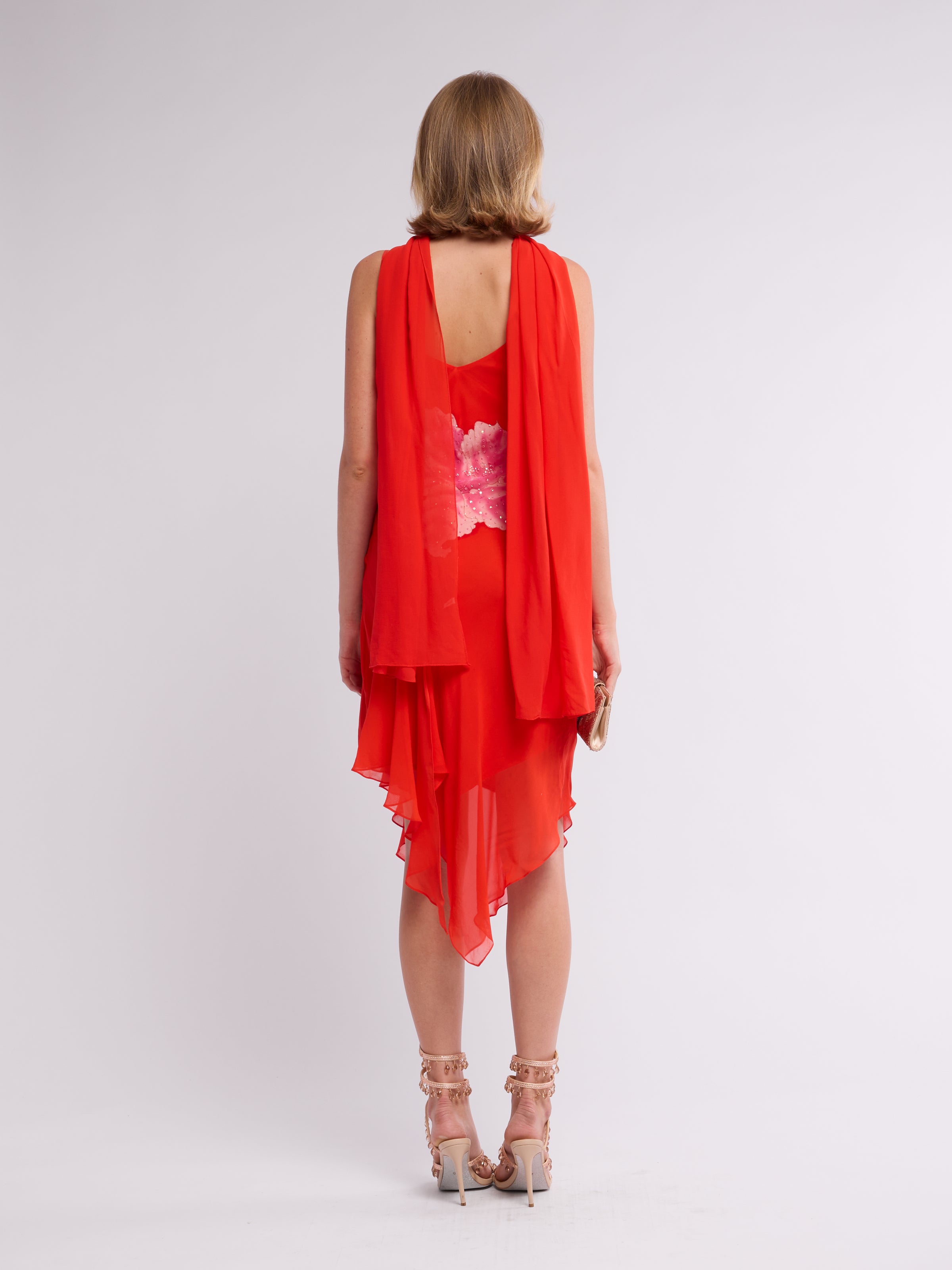 Unsigned 2000s Orange Floral Dress with Scarf