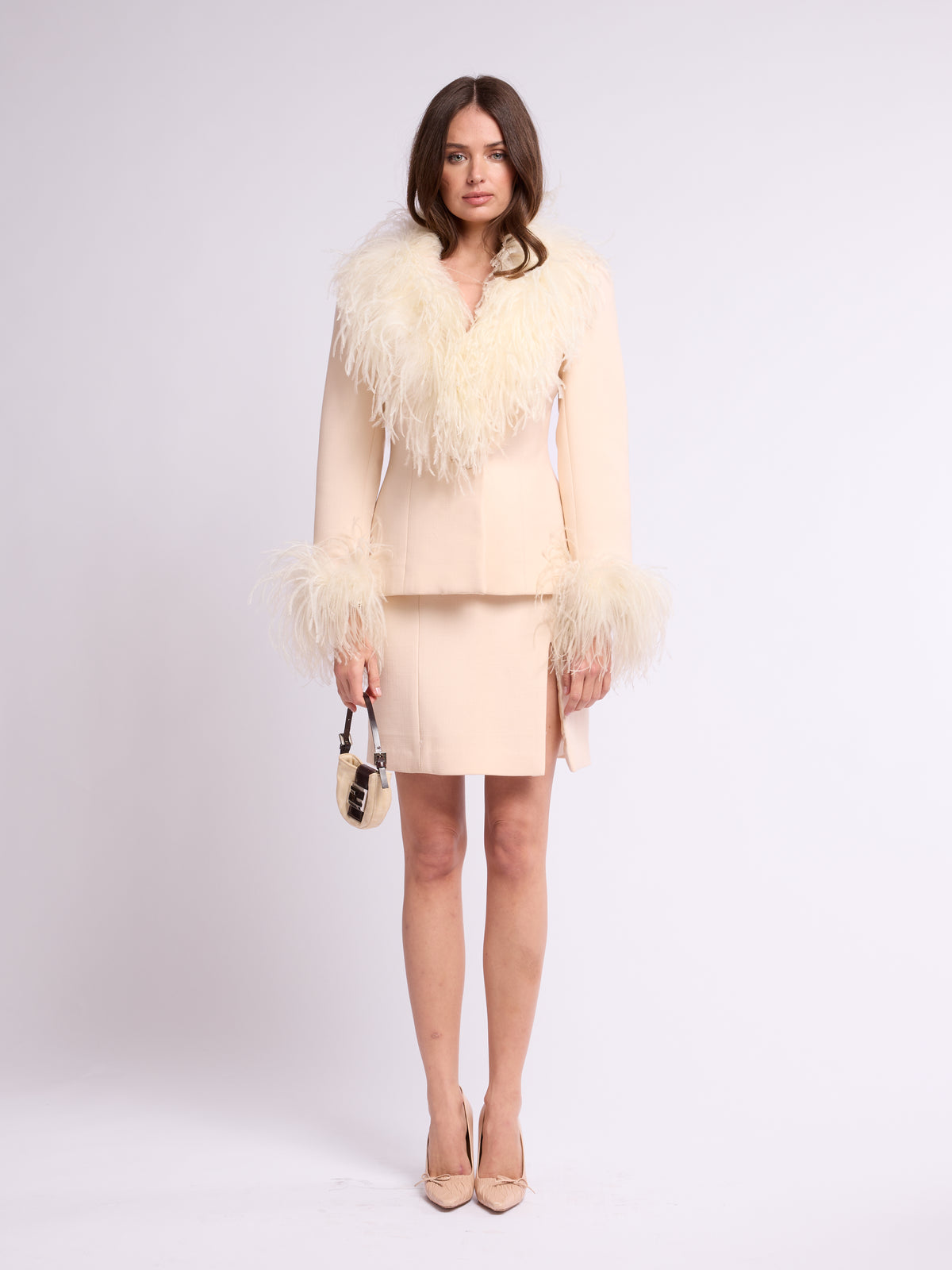Unsigned 2000s Wool and Ostrich Feather Skirt Set