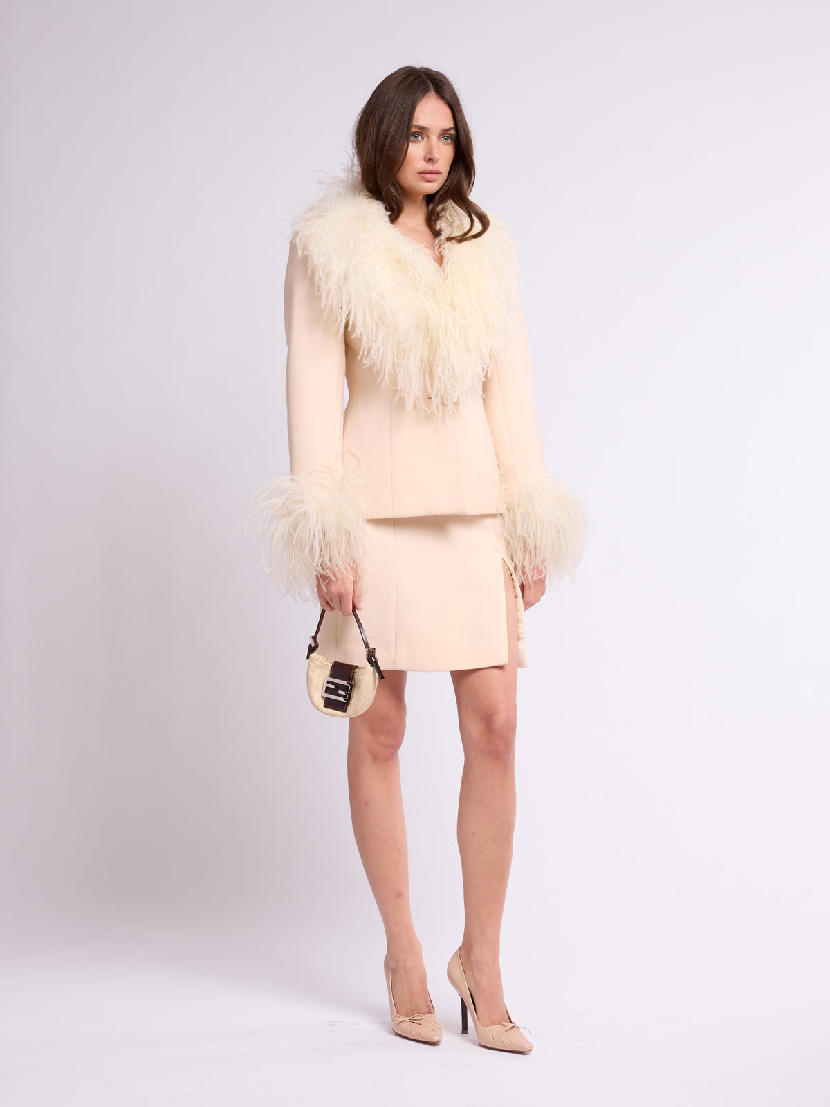 Unsigned 2000s Wool and Ostrich Feather Skirt Set