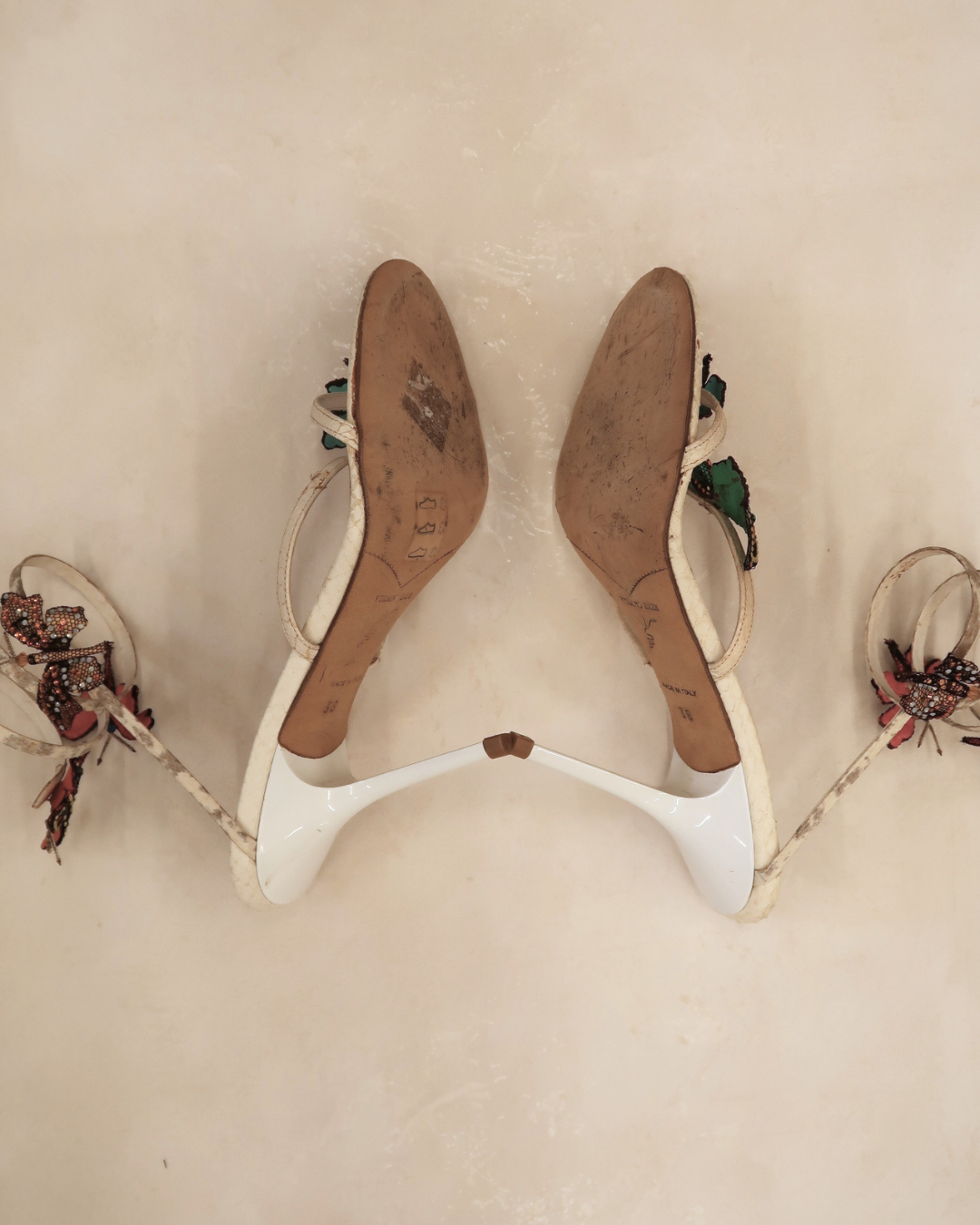 René Caovilla Vintage Butterfly Crystal Embellished Snakeskin Sandals
