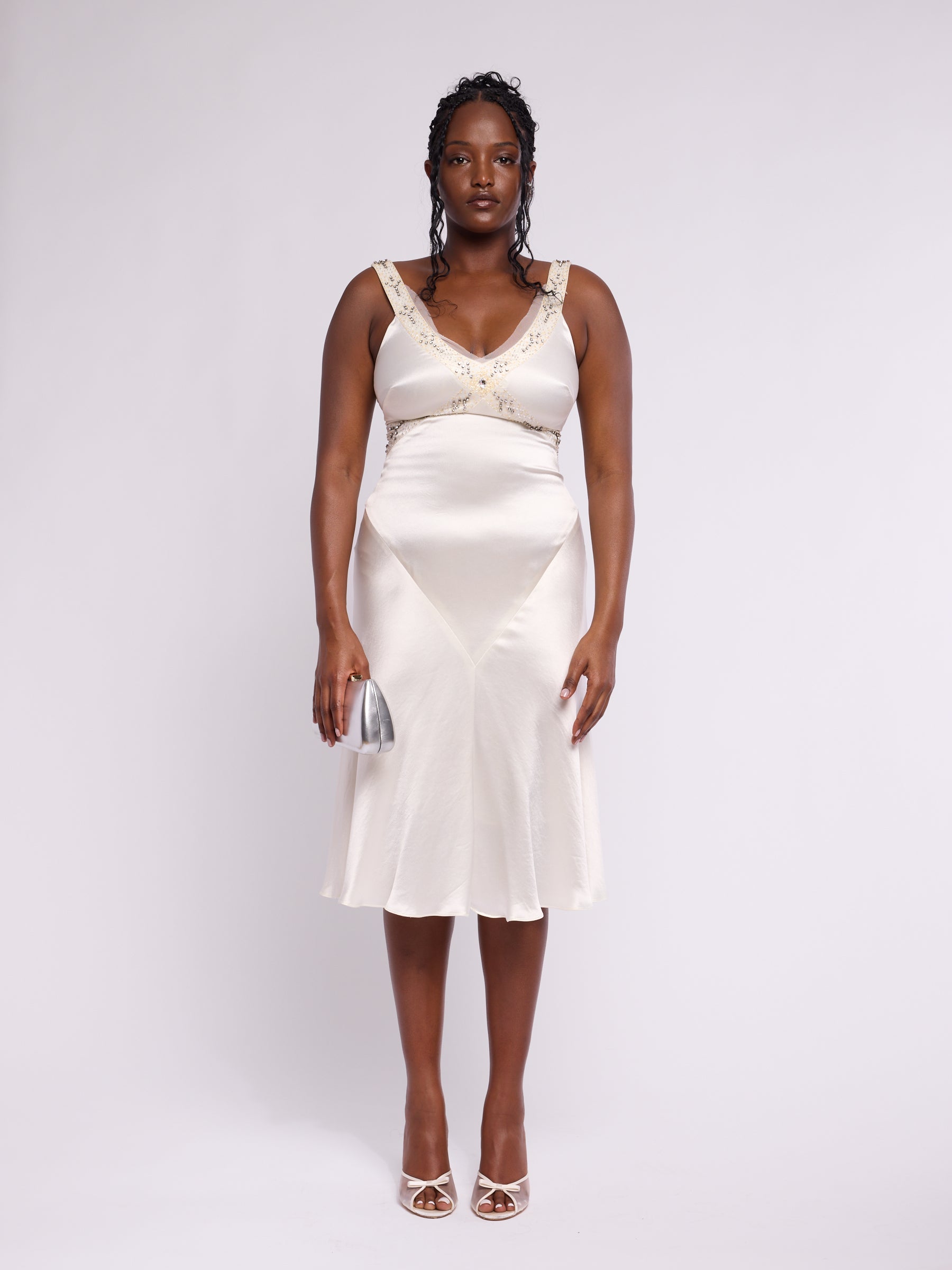 WHITE by VERA WANG ワンショルダードレス ドレープ シフォン Vera Wang 1990s Silk Slip Embellished Dress