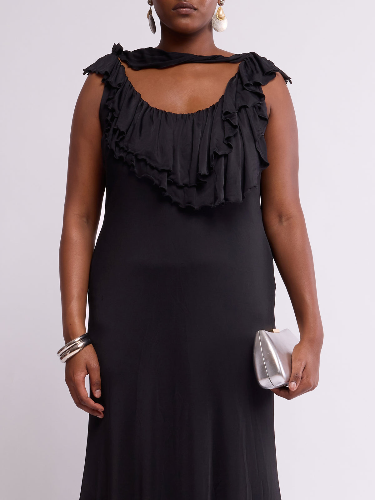 Vera Wang 2000s Black Draped Ruffle Maxi Gown