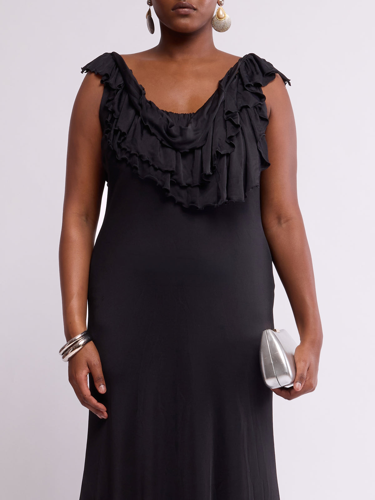 Vera Wang 2000s Black Draped Ruffle Maxi Gown